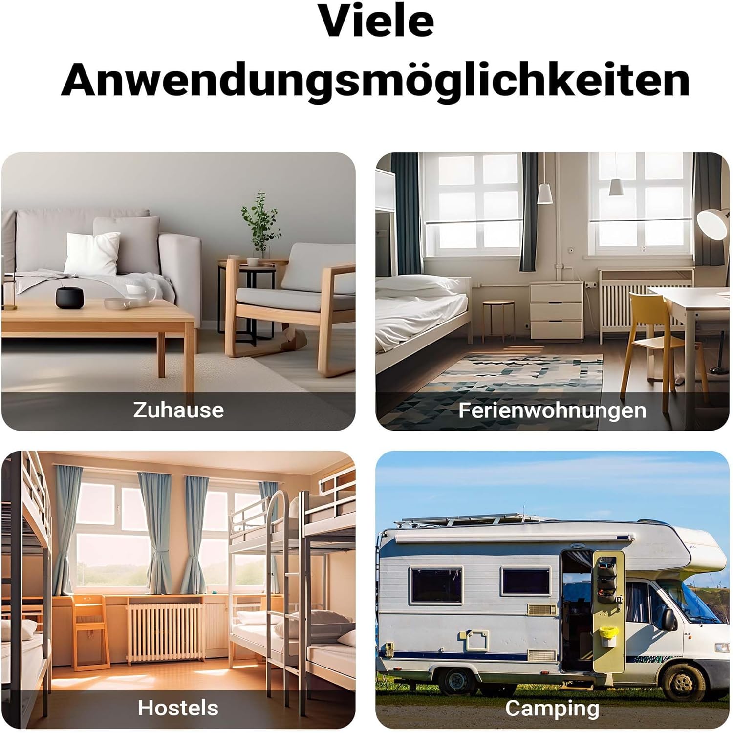 Four images showing various application possibilities: home, holiday homes, hostels, and campинг