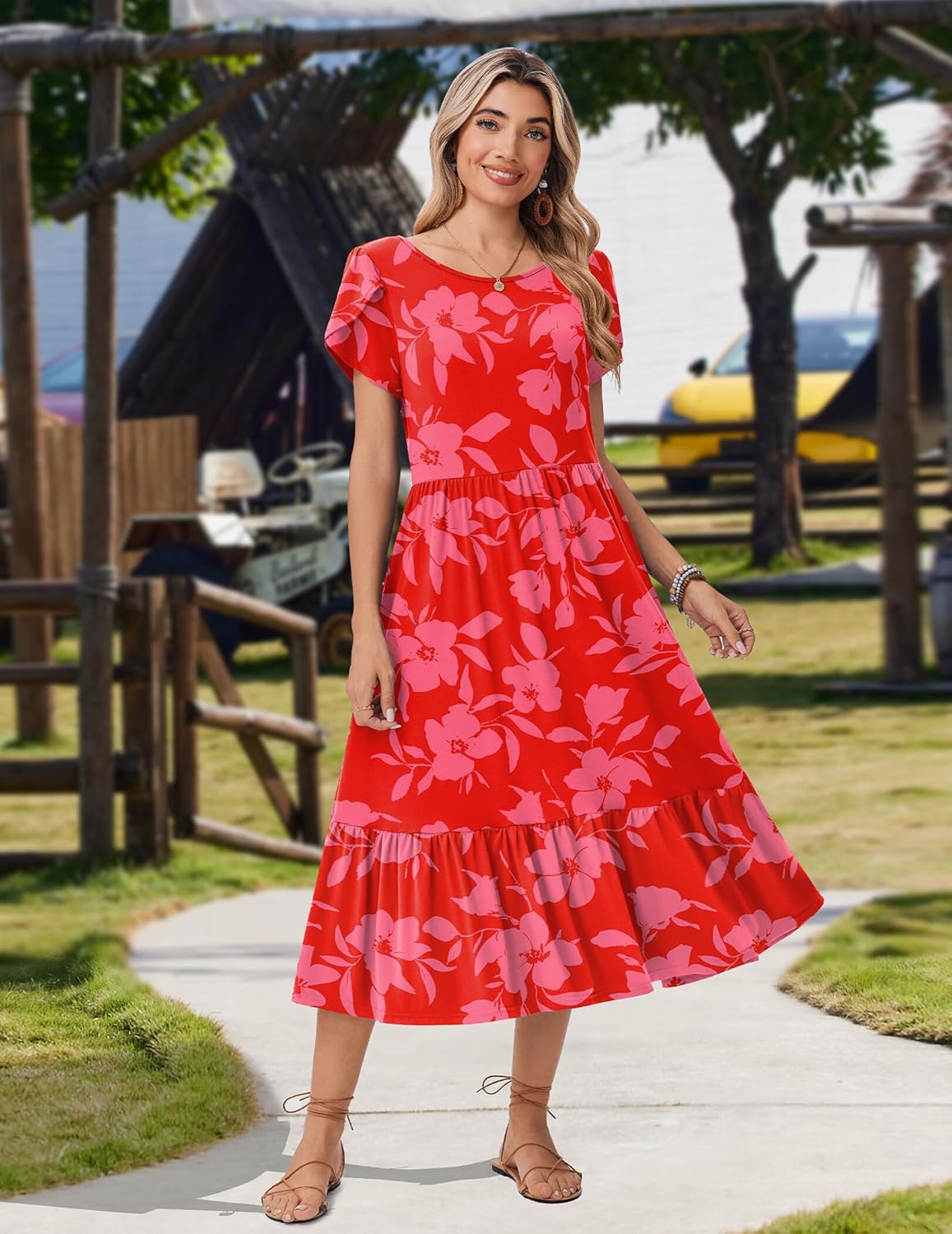 Zeagoo Women Summer Midi A Line Dress Short Sleeve Casual Flowy Tiered Beach Long Sundress with Pockets 2026 Vacation Travel - Image 2