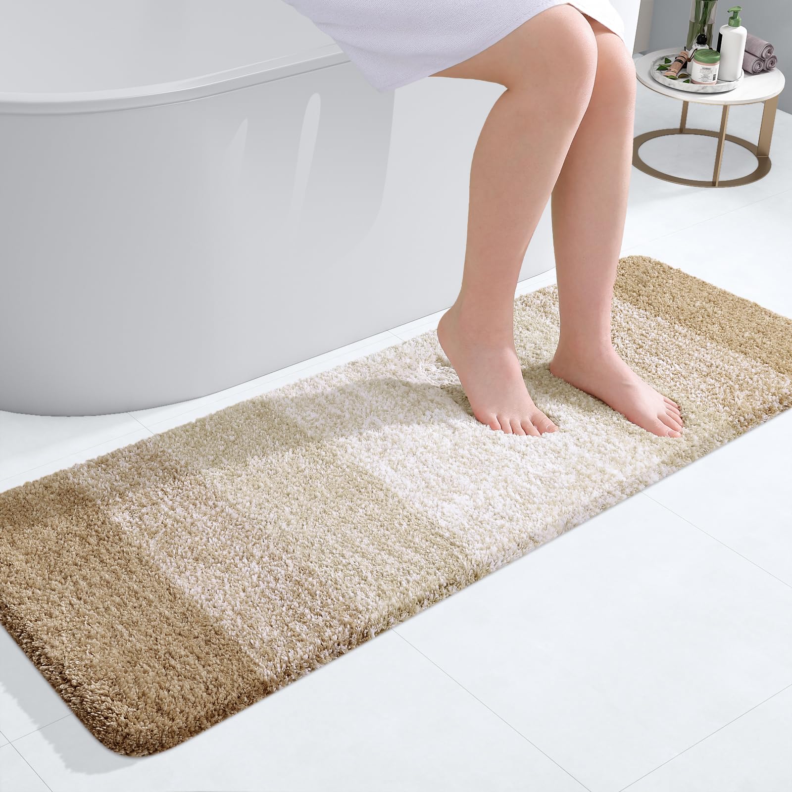 OLANLY Bathroom Runner Rug 47x17, Extra Soft Absorbent Microfiber Bath Rugs | Tan, Non-Slip Quick-Drying Rubber Backing, Machine Washable Long Bath Mat for Floor, Tub and Shower, Home Decor Accessories