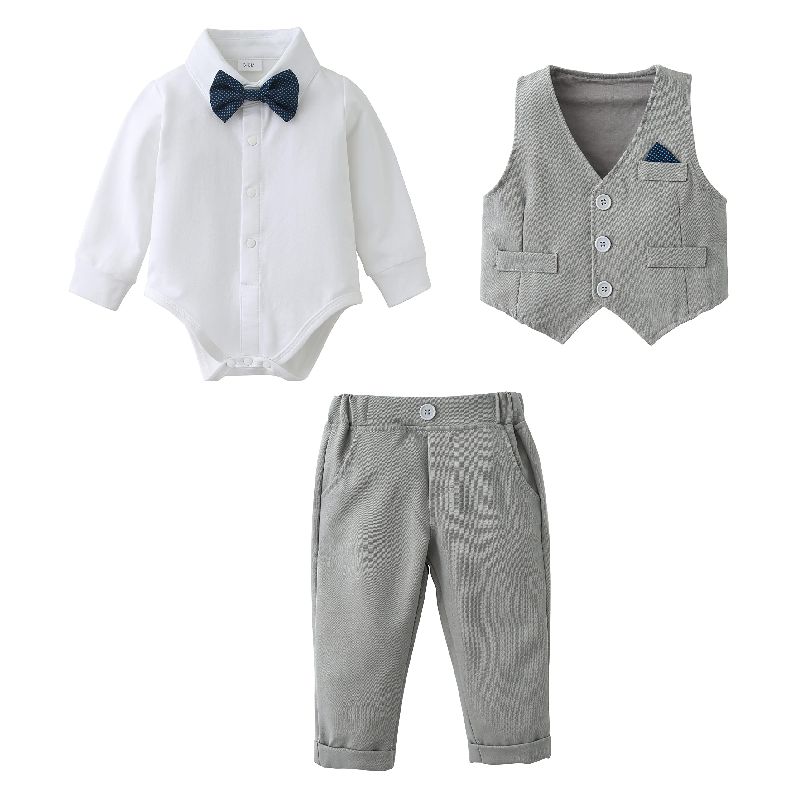 AmisszBaby Boy Clothes Outfit Suits 3-24 Months, Infant Gentleman Long Sleeve Romper Jumpsuit+Pants+Bow Tie Formal Tuxedo Clothing Set for Boys