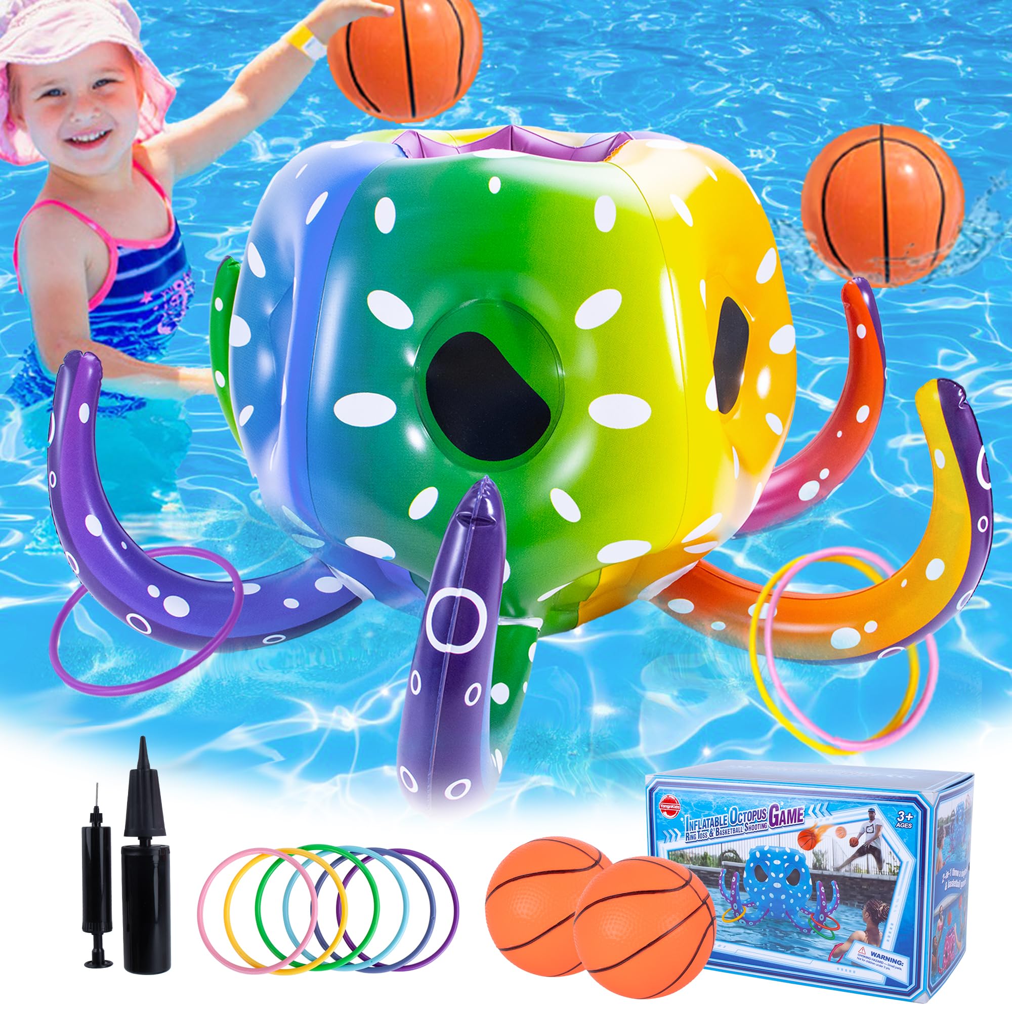 Octopus 2-in-1 Inflatable Pool Basketball Hoop & Ring Toss, Toddler Floating Toys, Fun Summer Pool Party Games for Kids & Adults