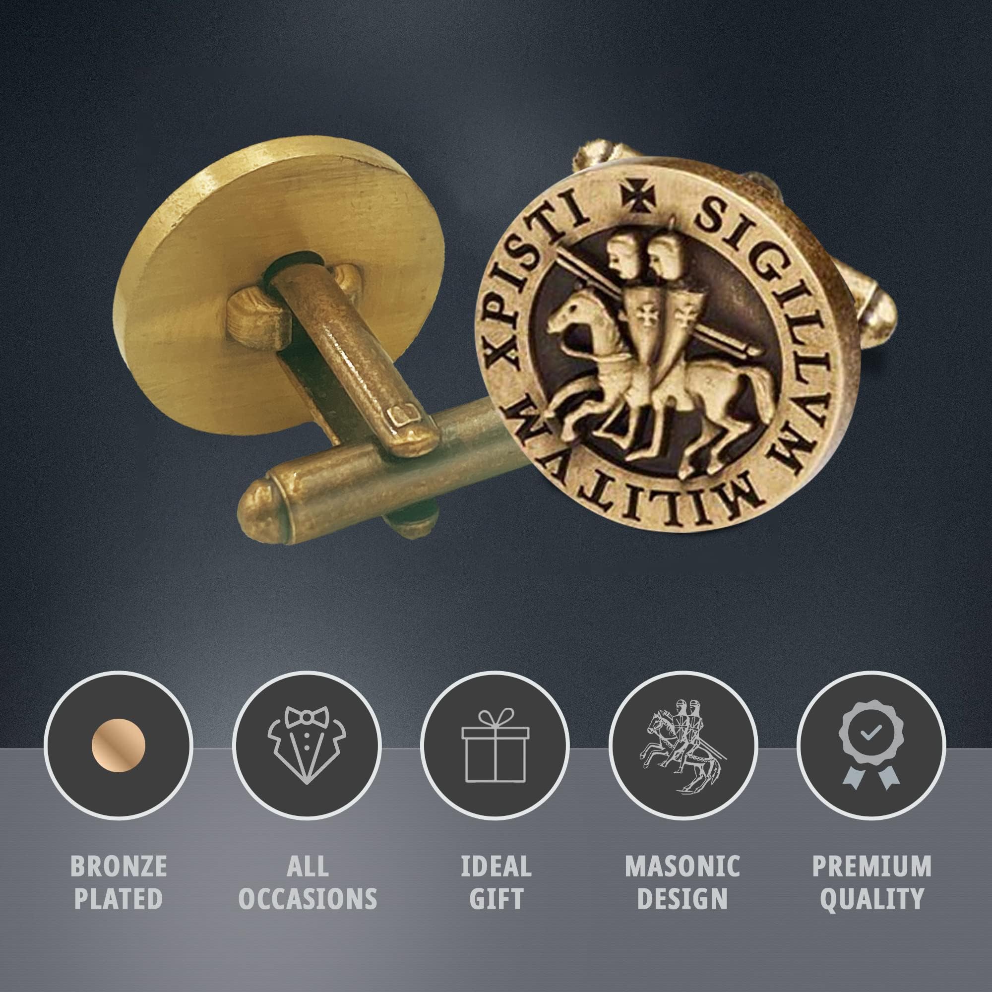 THE MASONIC COLLECTION Gemelli antichi in bronzo rustico con sigillo dei Cavalieri Templari - Placcati in bronzo - Un regalo utile per gli uomini massoni