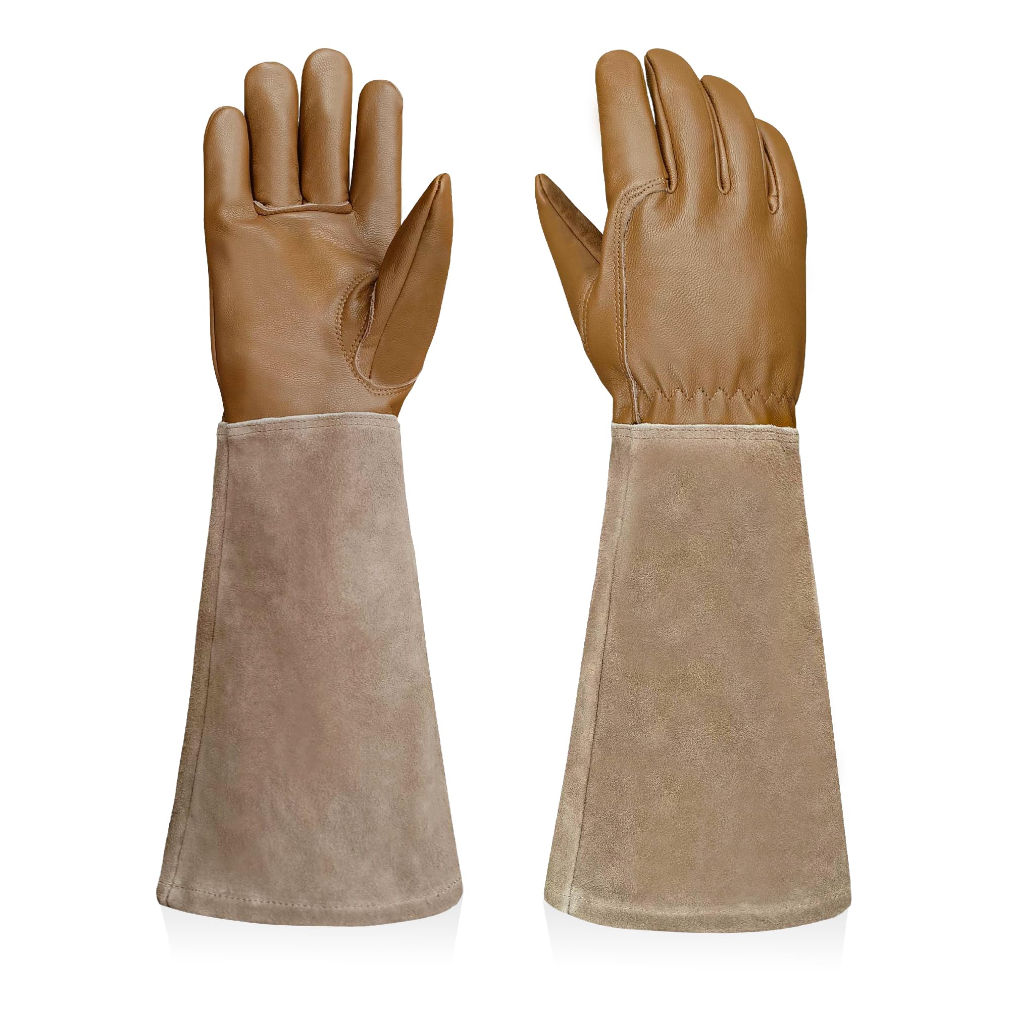 Guanti da giardino in pelle, resistenti alle spine, con palmo in pelle di capra e risvolto in pelle bovina, per giardino, rose, arbusti e alberi da frutto (marrone, M)