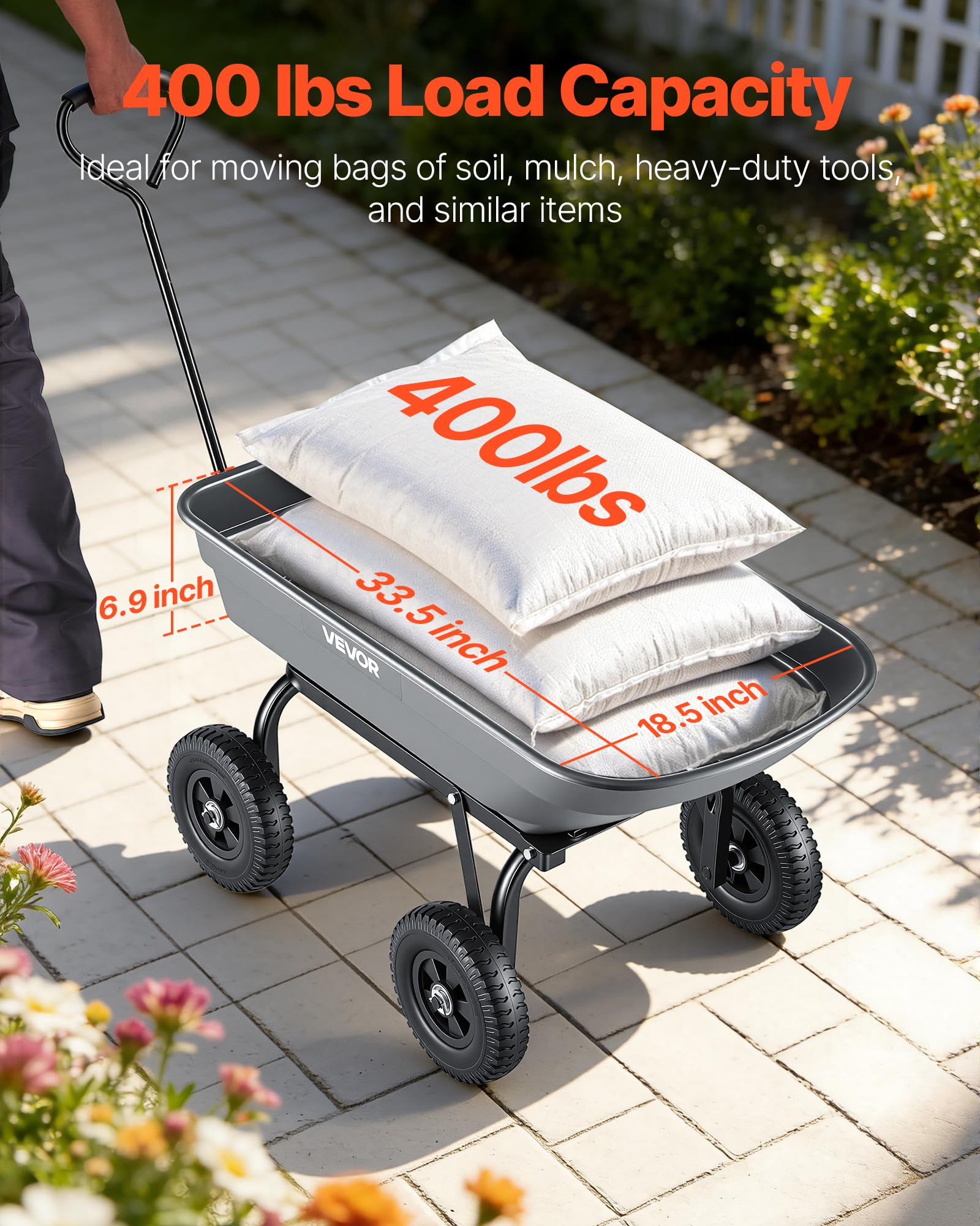 VEVOR Chariot de Jardin Basculant Max. 181 kg Chariot à Benne Basculante en PP pour Transport de Bois Plantes Terre, Basculement à 90°, 4 Roues Increvables Pivotantes à 180°, Roulement Rotatif à 270°