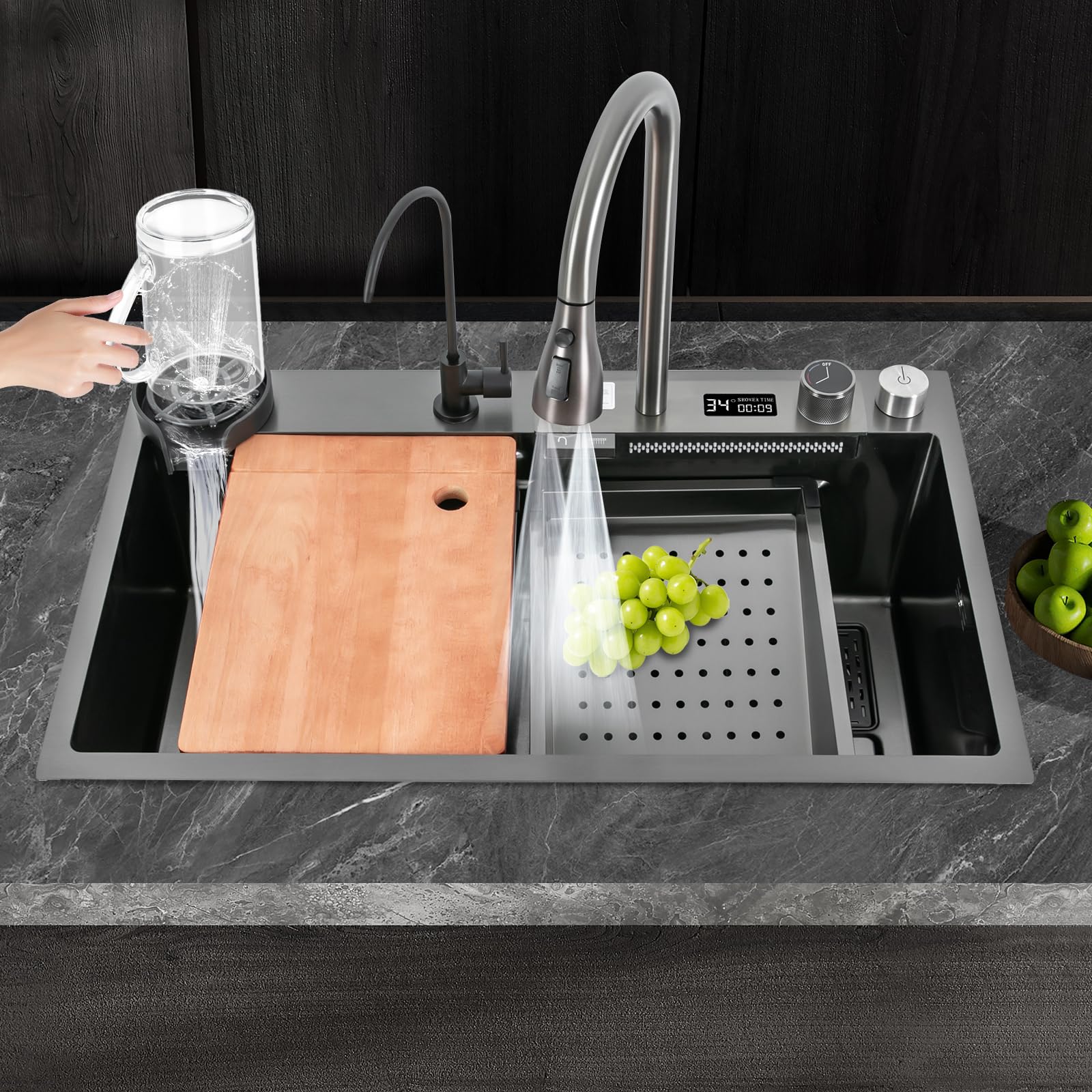 Fregadero de cocina con cascada, acero inoxidable con indicador de temperatura, grifo extensible, sifón, rebosadero y desagüe, moderno fregadero empotrable para cocina