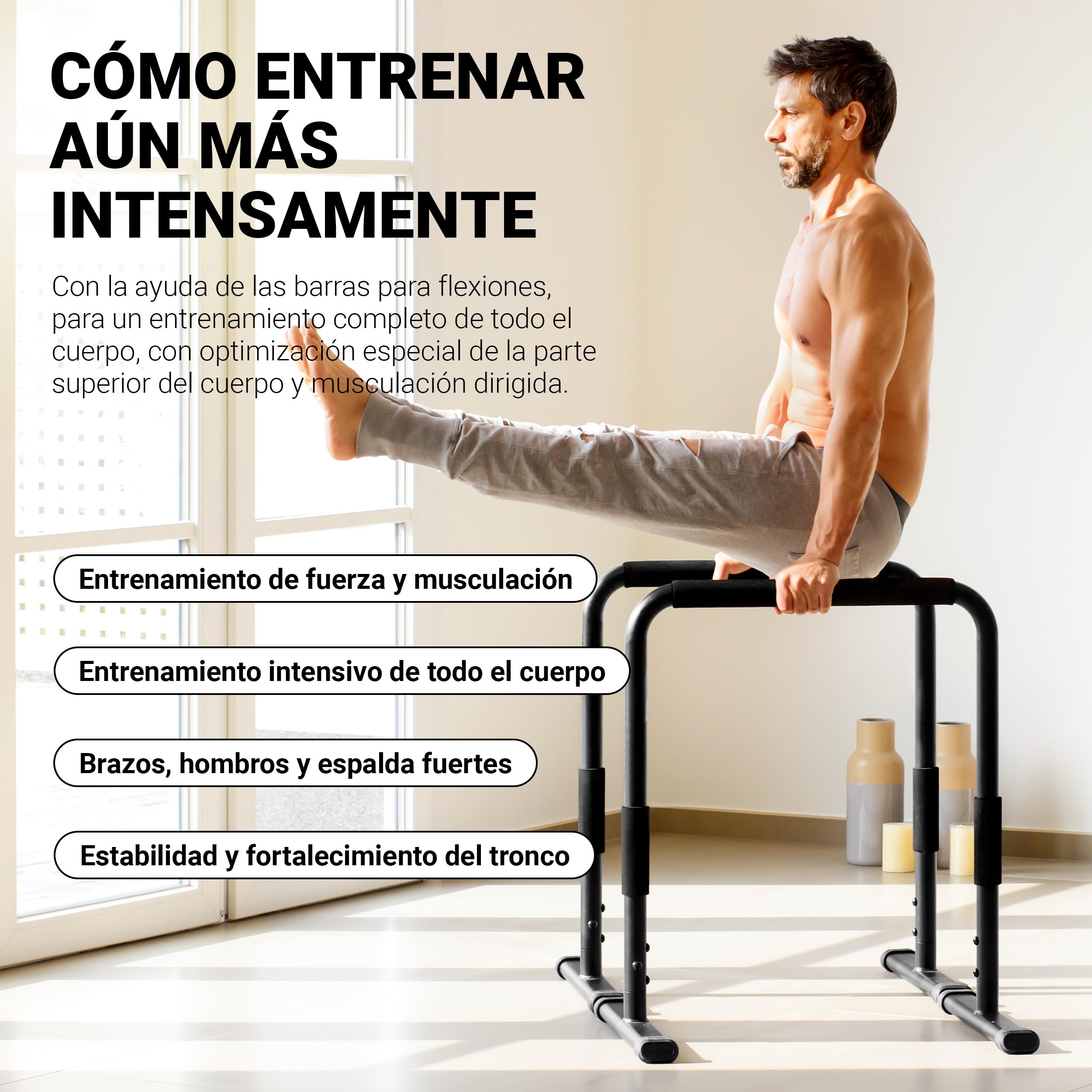Barras de flexiones Gimnasio Paralelas Premium (par) 80x65 cm | Barra de soporte Push Up I Estación de flexiones I Soporte de gimnasia, flexiones