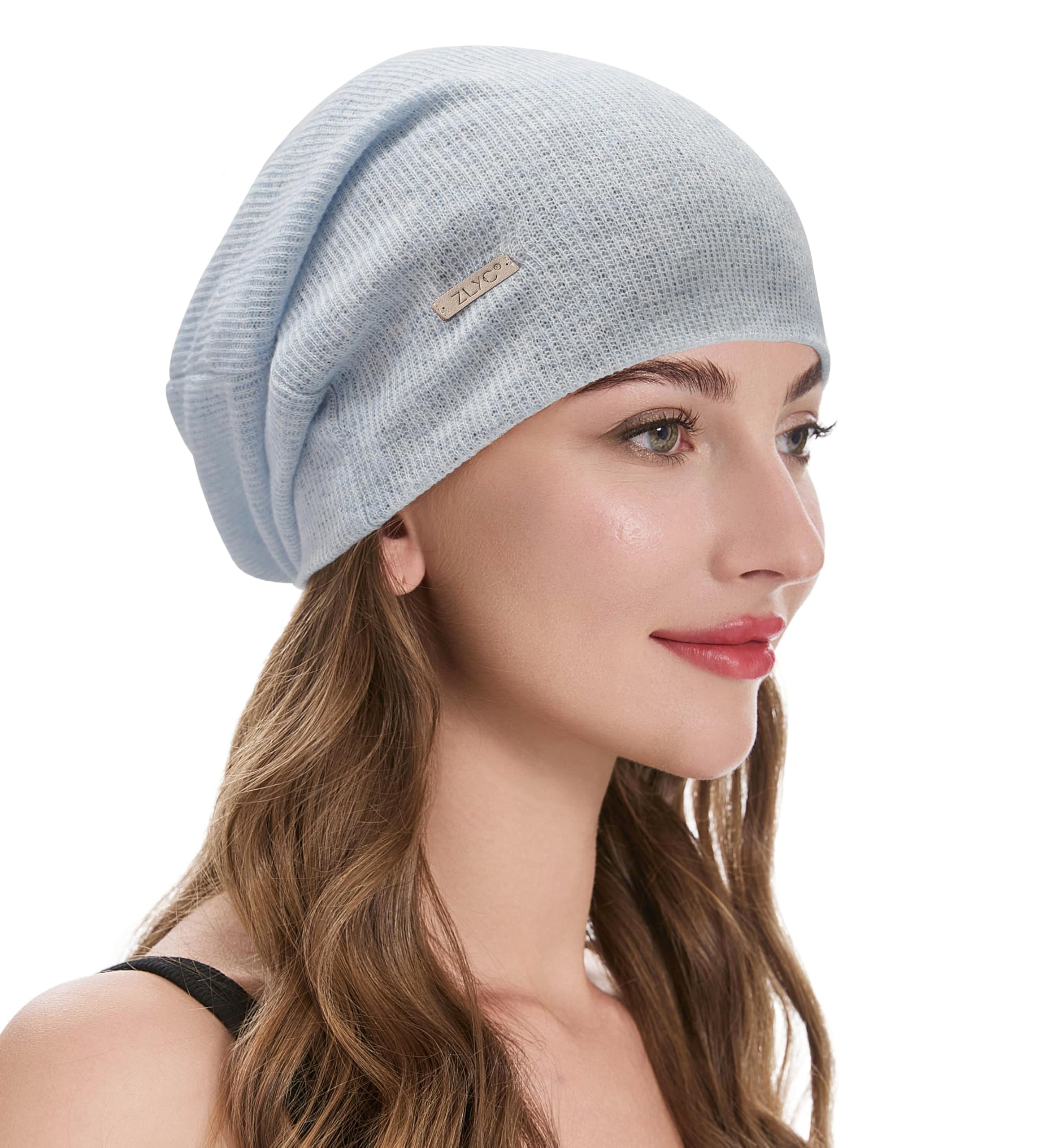 ZLYC Women Lightweight Slouchy Beanie Hat Thin Knit Skull Cap Summer Chemo Headwear(Solid Light Blue),One Size