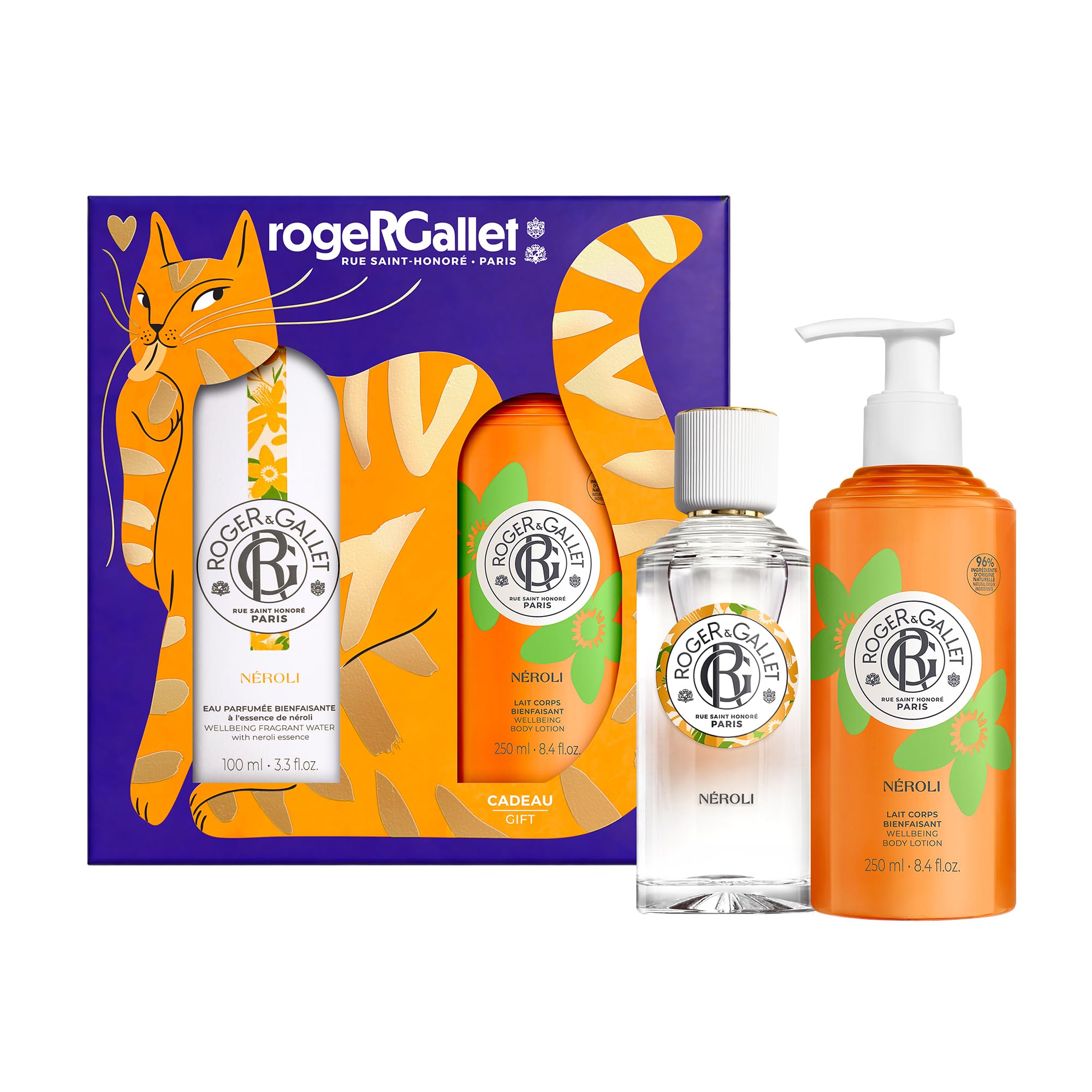 RogerGallet - Coffret Cadeau Noël Femme Néroli - Eau Parfumée Bienfaisante 100 ml + Lait Corps Offert - Idée Cadeau Femme aux Notes de Fleur d’Oranger, Immortelle et Fleur de Néroli