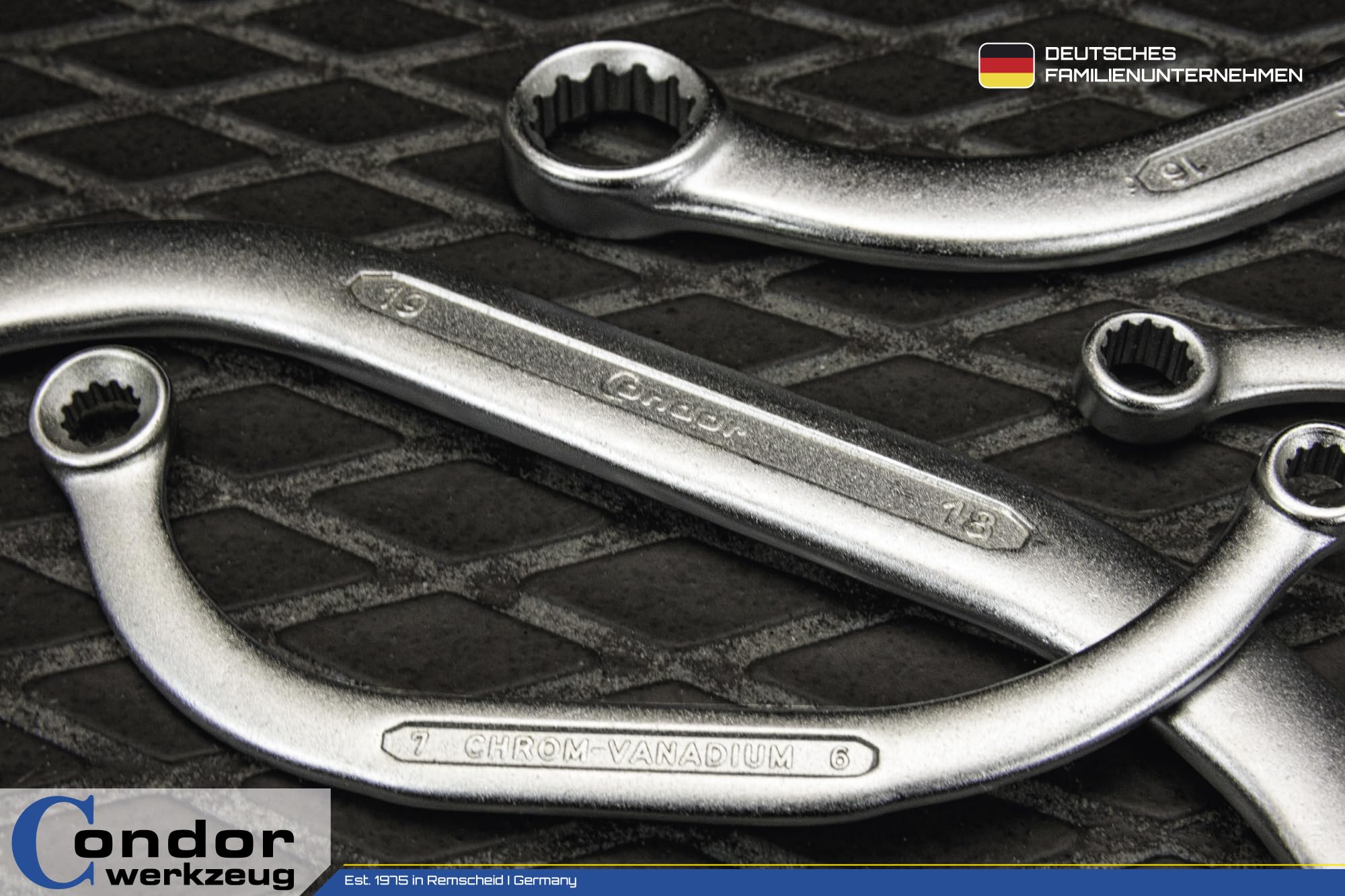 CONDOR Werkzeug 4404 | Starter- und Blockschlüssel-Satz | 7-tlg. | 6x7-18x19 mm | Chrom-Vanadium-Stahl | Doppelringschlüssel-Satz C-Form Ringschlüssel-Set für Werkstatt und Heimwerker