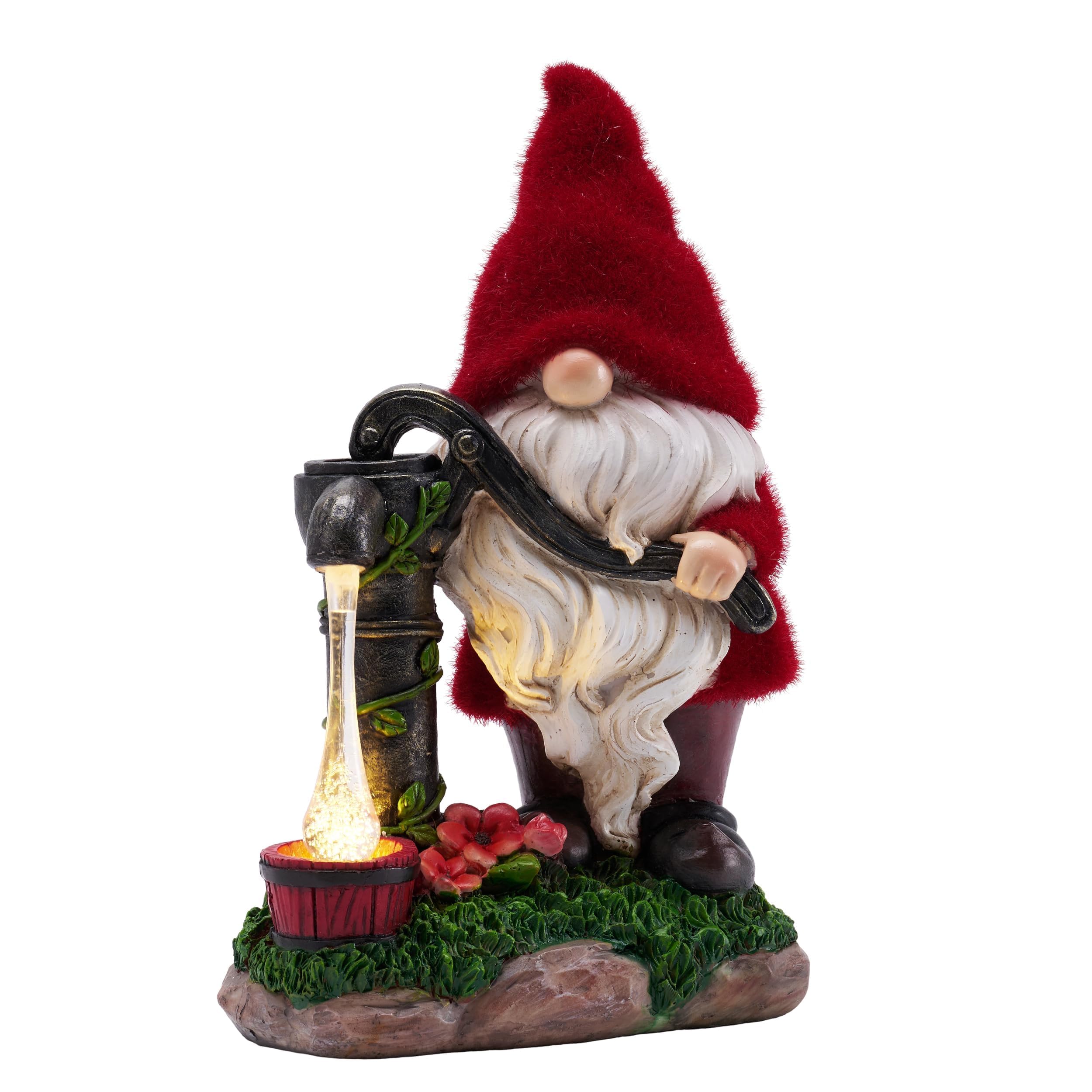 TERESA'S COLLECTIONS Resin Garden Gnomes Decor with Solar Lights, Red Outdoor Decorations for Porch Patio, Gifts for Women and Men，Outdoor Garden Decor Ornaments, Fathers Gifts for Husband,9"