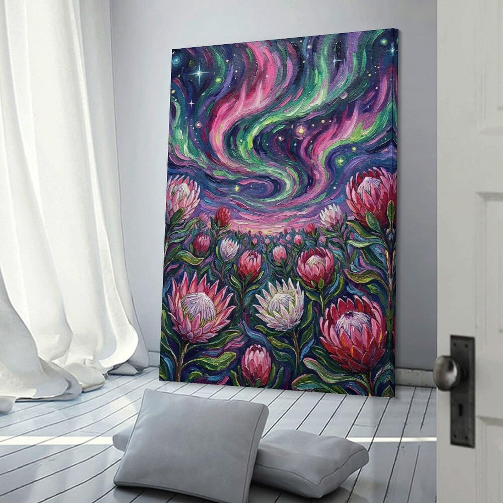 Junmoney Wall Art Print Protea Field Under Aurora Borealis Painting, 16x24inch(40x60cm), for Hallway, Bedroom Or Modern Interiors, Thoughtful Wall Decor for Art Lovers