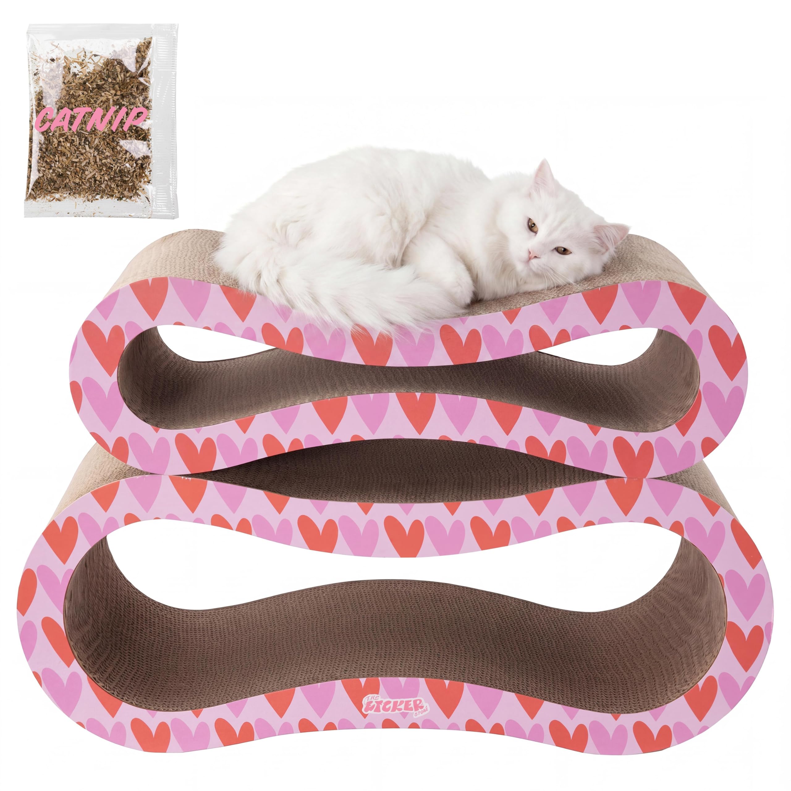 THE LICKER Store Suvi 26" Modern Cardboard Infinity 2-in-1 Lounge Bed Cat Scratcher with Catnip, Red Hearts, Corrugated Scratching Surface and Tunnel for Indoor Cats CSR1014H