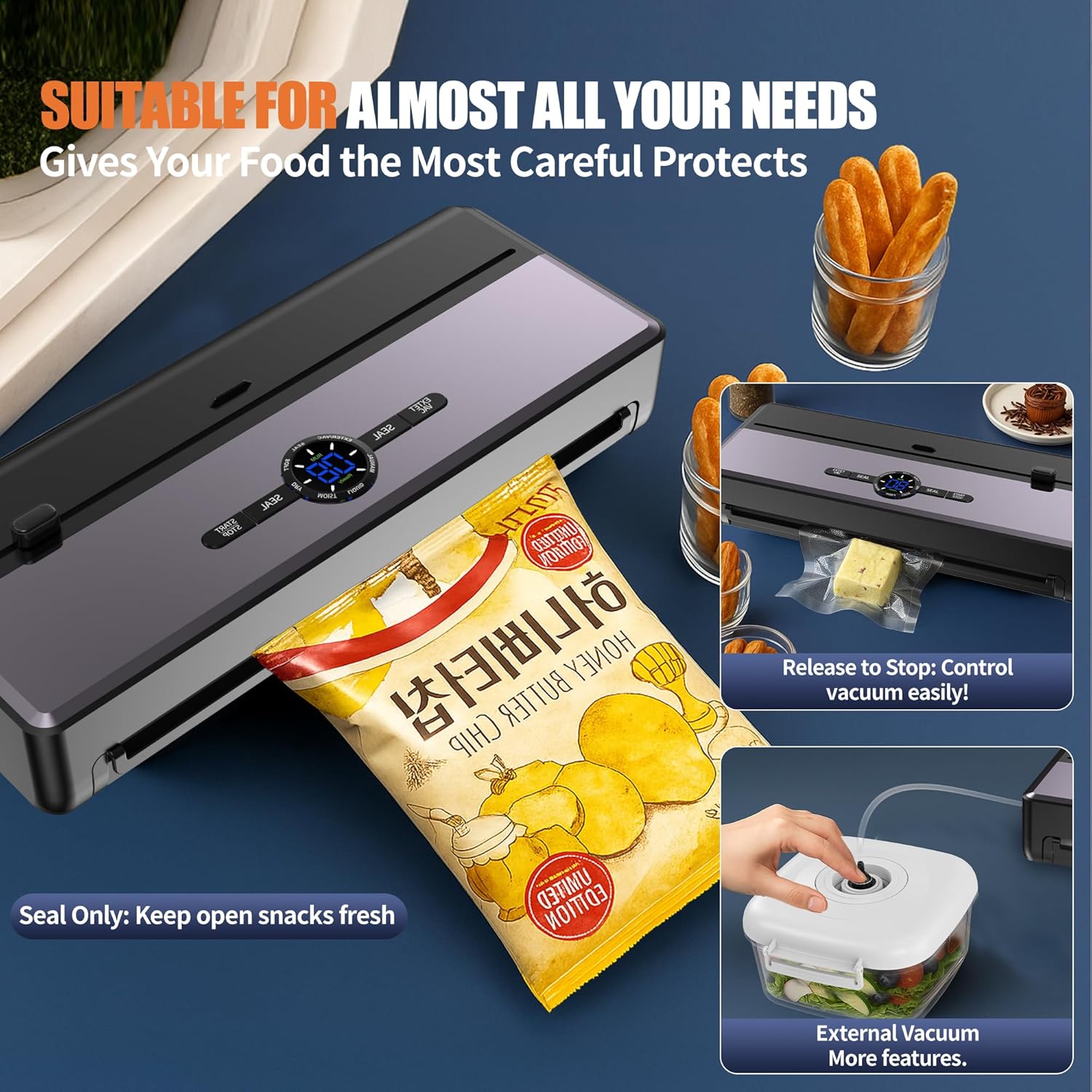 Sealer Machine for Food Storage, 85KPA Strong Suction, Dry/Moist Mode, Automatic Seal in 10-20 Seconds with 10 Vacuum Bags & 1 Roll, Built-in Cutter, Bag Storage & Vacuum Hose, for Home Kitchen Use - Image 4