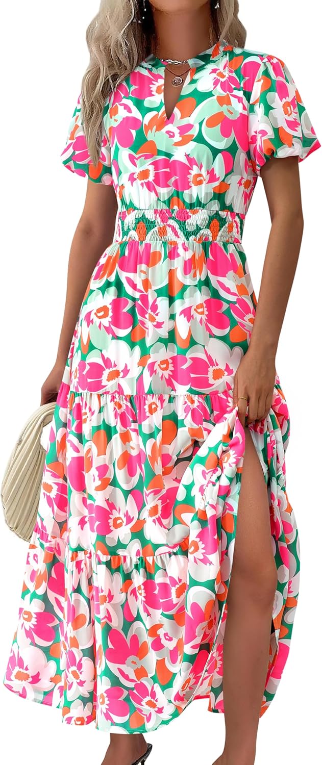 MASCOMODA Summer Maxi Dresses for Women 2025 Casual V Neck Puff Short Sleeve Smocked Flowy Beach Boho Long Floral Dress