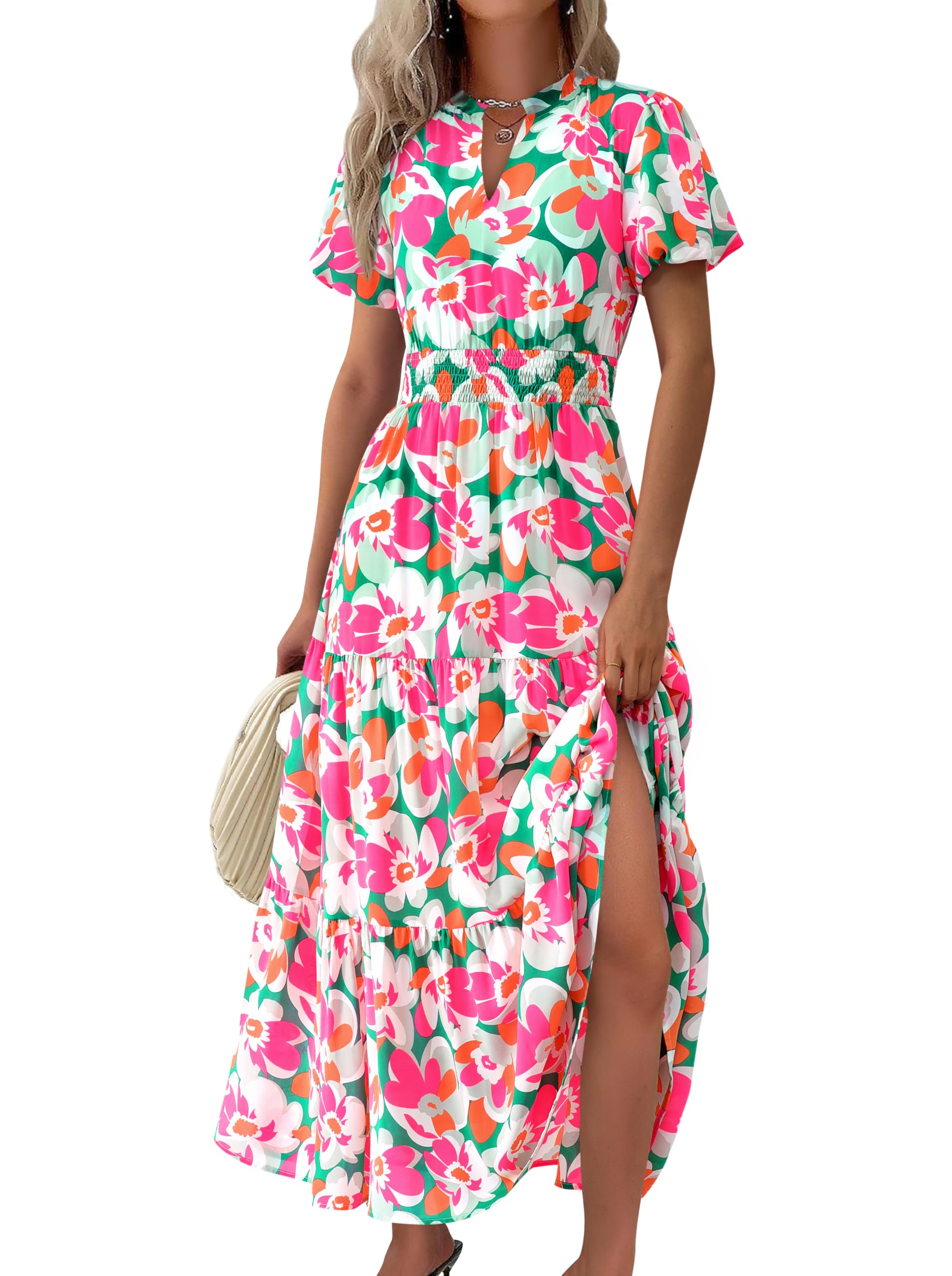 MASCOMODA Summer Maxi Dresses for Women 2025 Casual V Neck Puff Short Sleeve Smocked Flowy Beach Boho Long Floral Dress