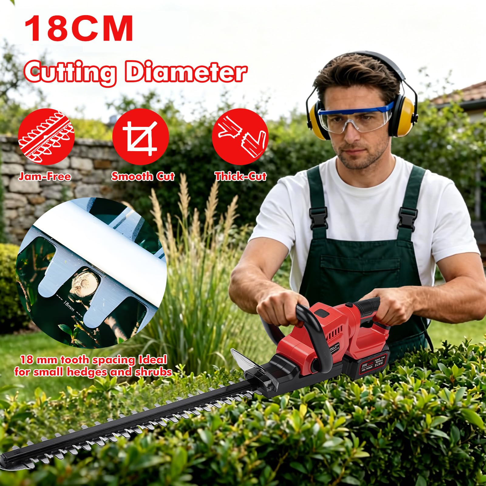 Cortasetos inalámbrico 21 V con 2 baterías de 3000 mAh y cargador, longitud de corte de 56 cm, separación entre dientes 18 mm, cuchilla doble filo SK5, cortasetos eléctrico 850 W para setos y arbustos
