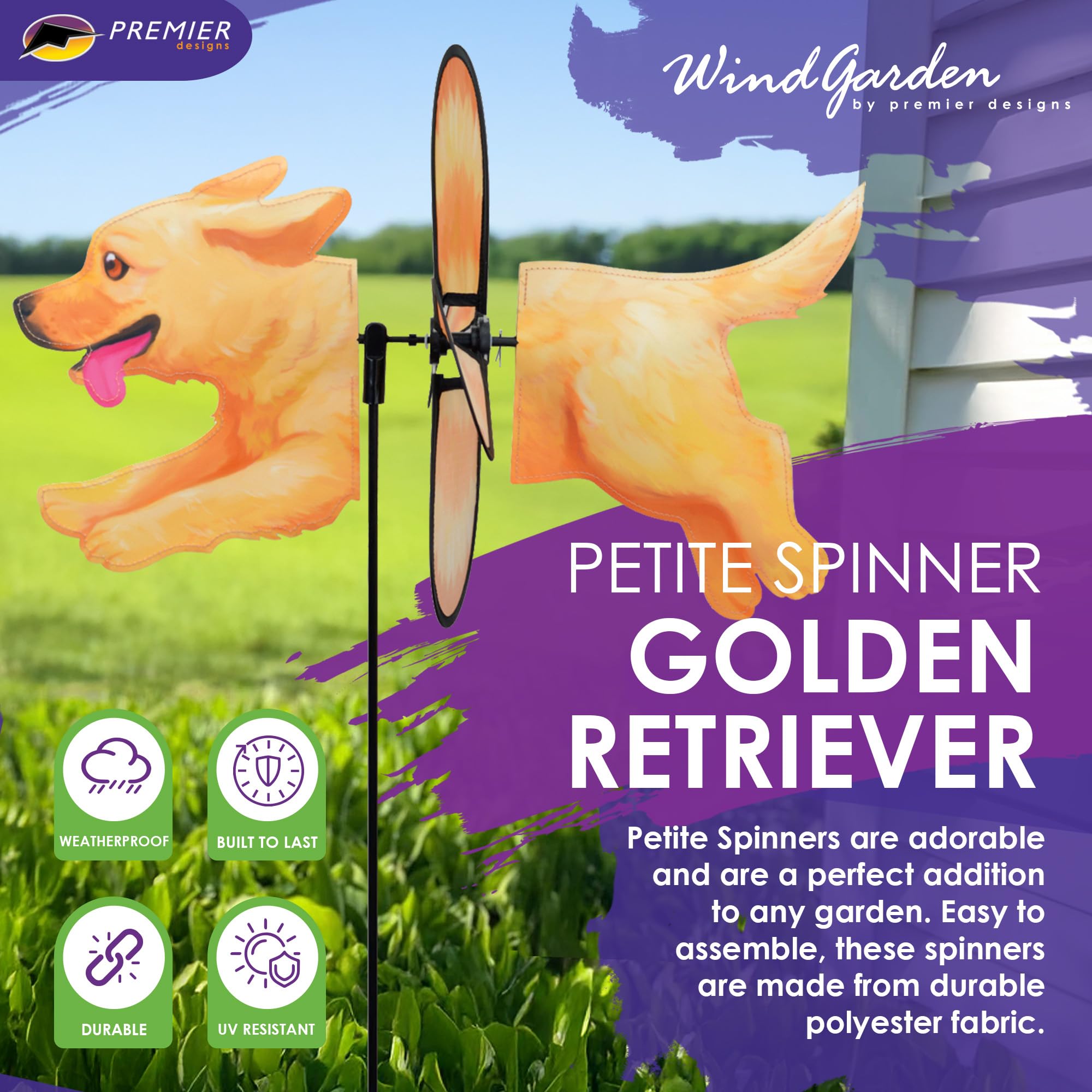 Premier Kites Petite Spinner Golden Retriever - Skurriles Windspiel für Hof & Garten, strapazierfähiges, wetterbeständiges Gewebe, einfach zu montieren, Outdoor-Dekor für Terrassen, Rasenflächen und
