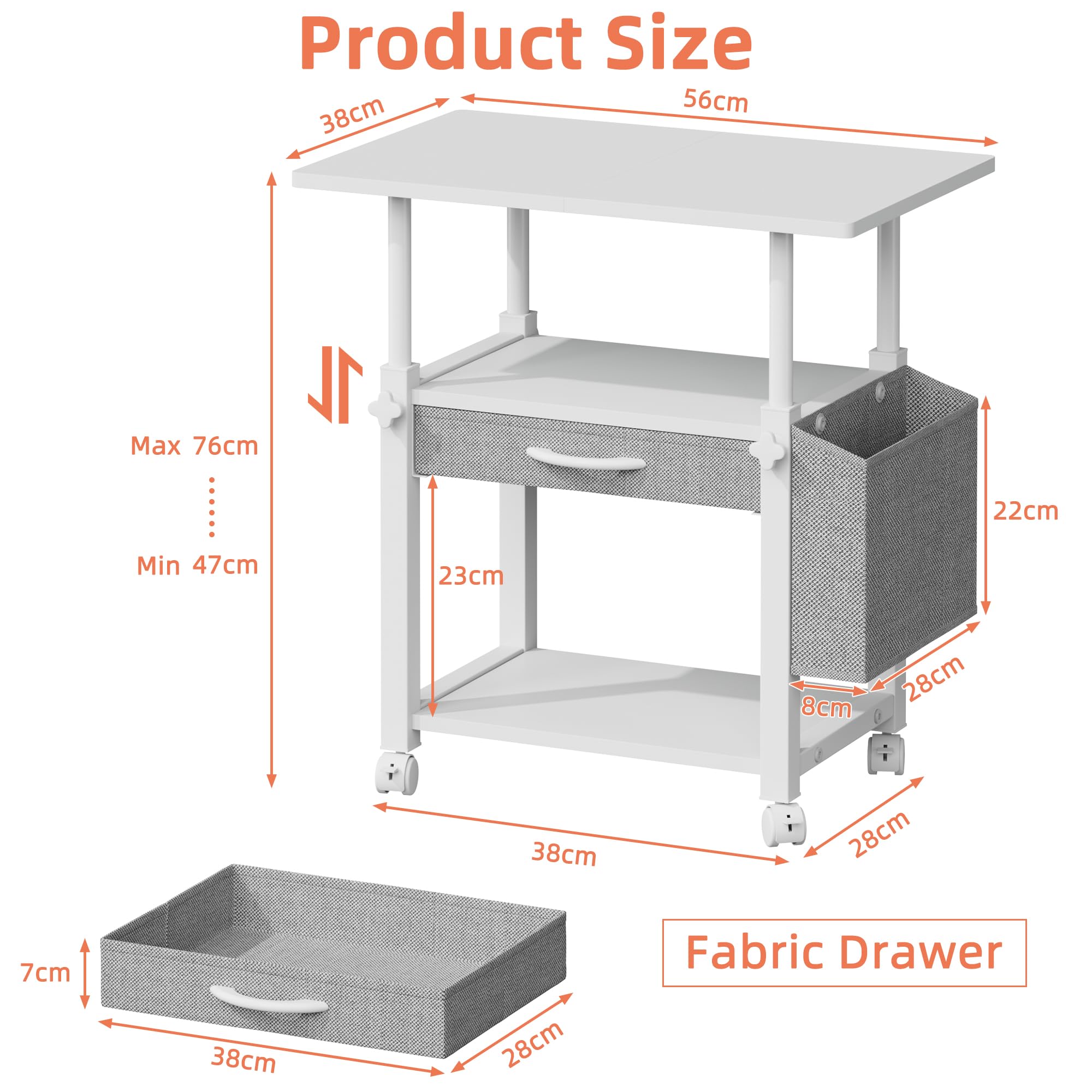 Mobile Porta Stampante a 3 Livelli con Cassetto in Tessuto, Supporto per Stampante Mobiletto con Ruote&Borsa Laterale, Altezza regolabile, Scaffale da Scrivania per Ufficio Domestico, Bianco