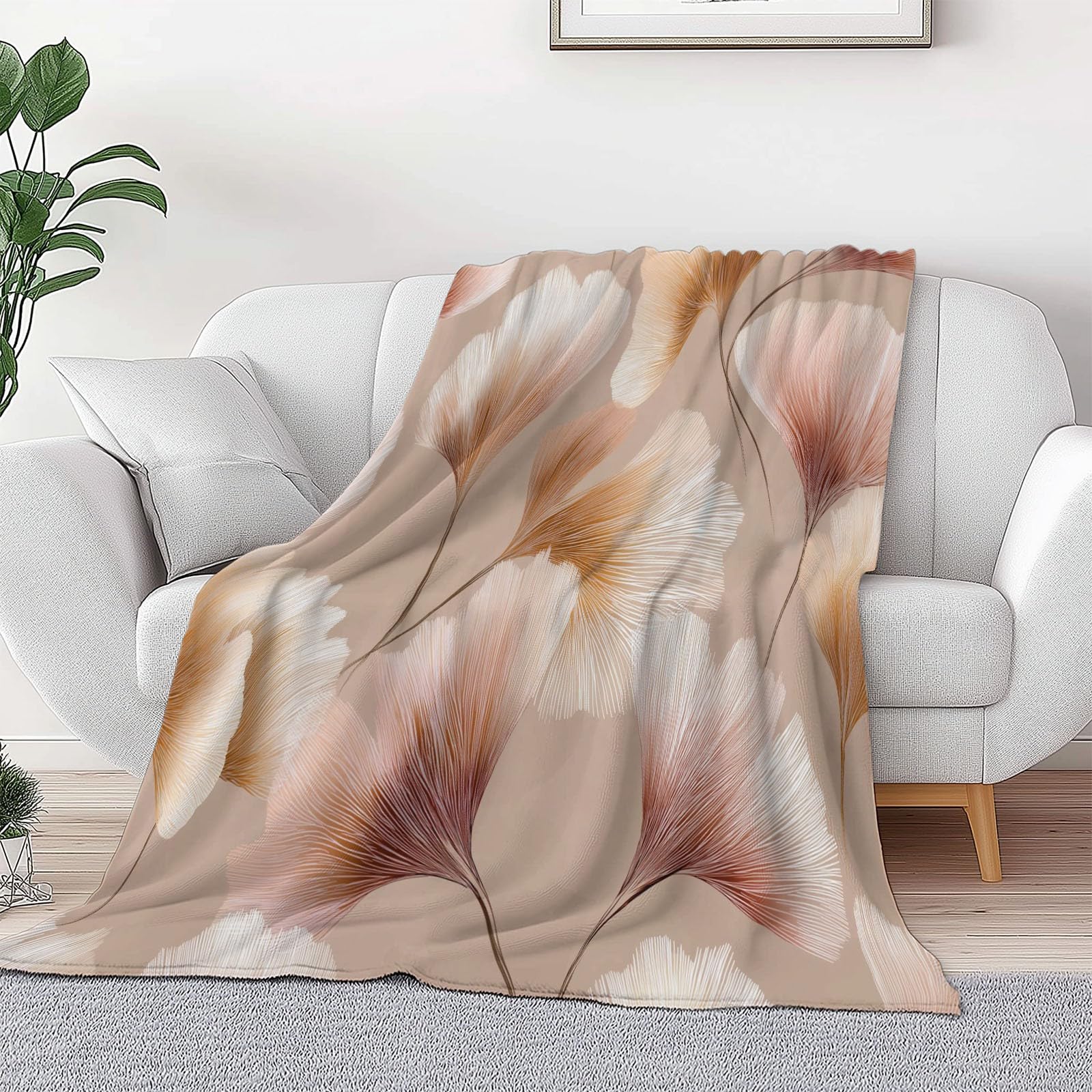 Genérico Manta de Franela de Forro Polar para Niños y Adultos 220 x 240 cm, Mantas para Sofa Estampado Exquisito Naturaleza Hoja De Ginkgo - Manta Crema Suave Cálida Transpirable Ligera