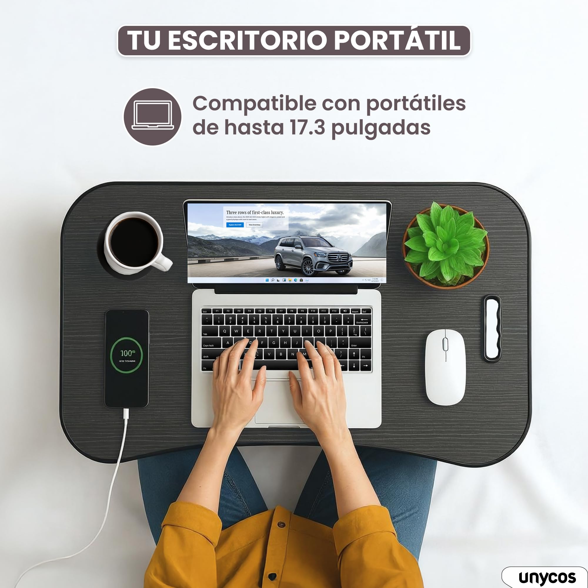 unycos - Bandeja para Cama, Mesa Plegable de Desayuno, Multiusos, Ideal para Portátil, Ordenador y Libros, Ergonómica, Mesa Auxiliar con Atril para Leer en la Cama 60x40x26 cm (Negro/Gris sin Cajón)