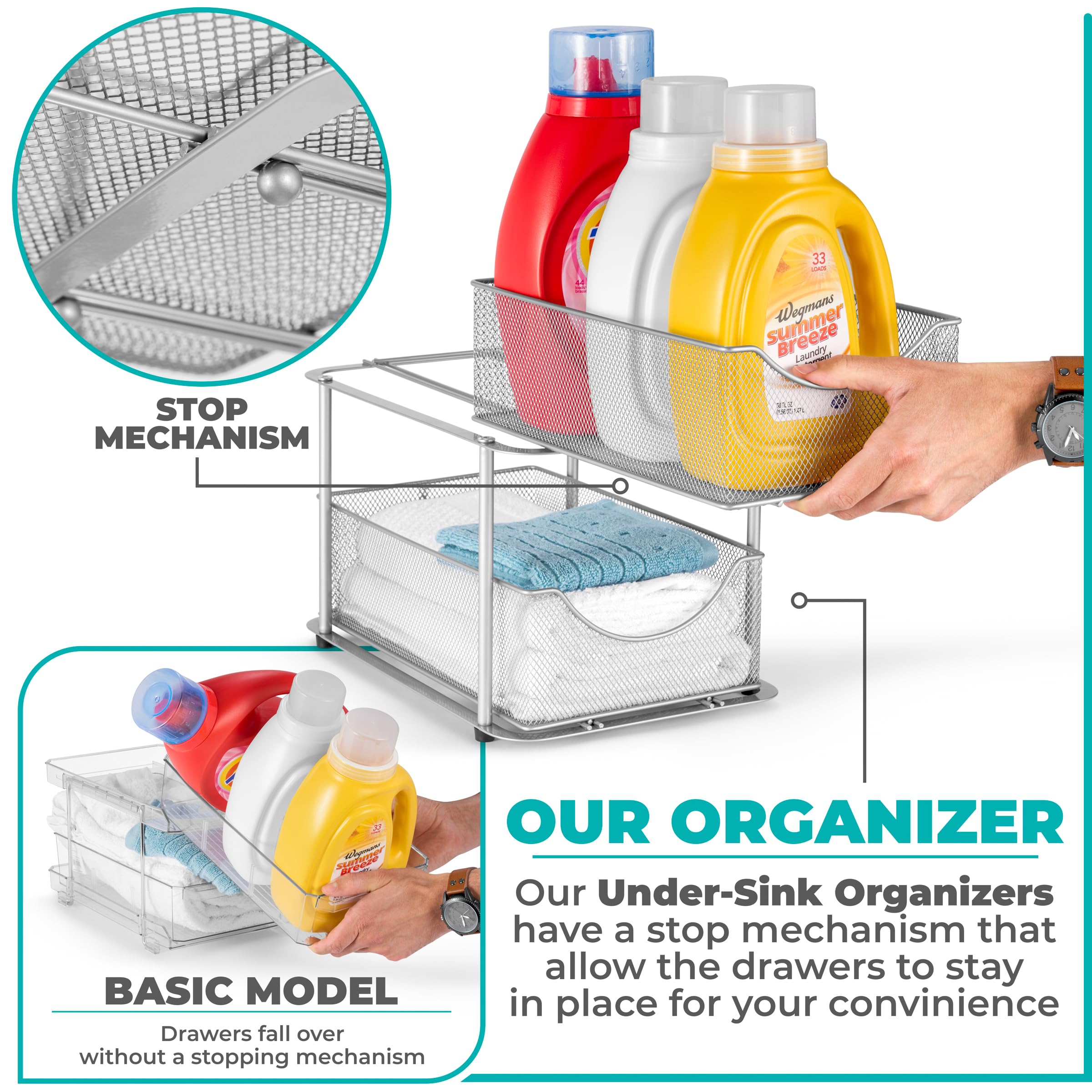 Sorbus Organizadores y almacenamiento de 2 niveles para debajo del fregadero, cajones deslizantes de malla de acero fuerte para un mejor almacenamiento del baño, organización y almacenamiento del baño