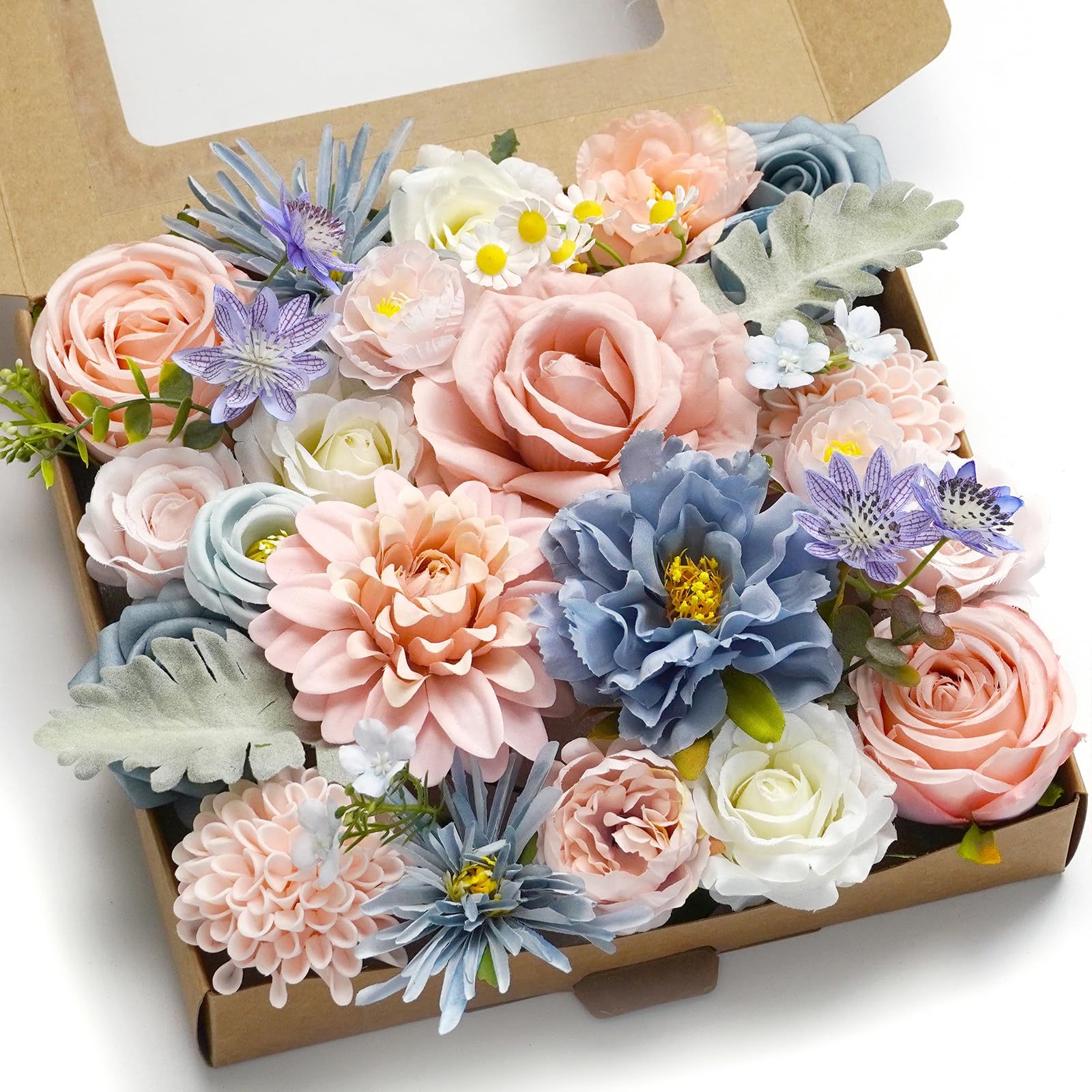 Artificial Flower Combination Box Set Artificial Flower Loose Leaves and Stems DIY Wedding Center Bouquet Bride Wedding Baby Shower（Nostalgia Blue Powder）