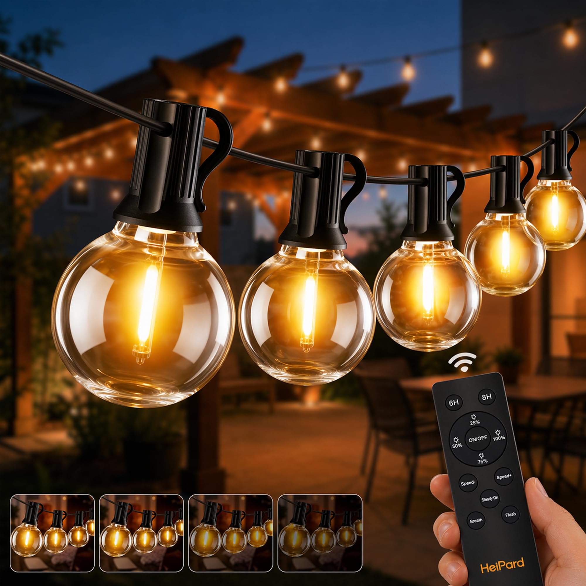HeiPard Garden Outdoor String Lights Mains Powered, 32.8ft 10M 15+1 G40 Outside Festoon Lights with Remote, 3 Modes Dimmable Timer Waterproof Shatterproof Bulbs for Patio Backyard Gazebo Pergola