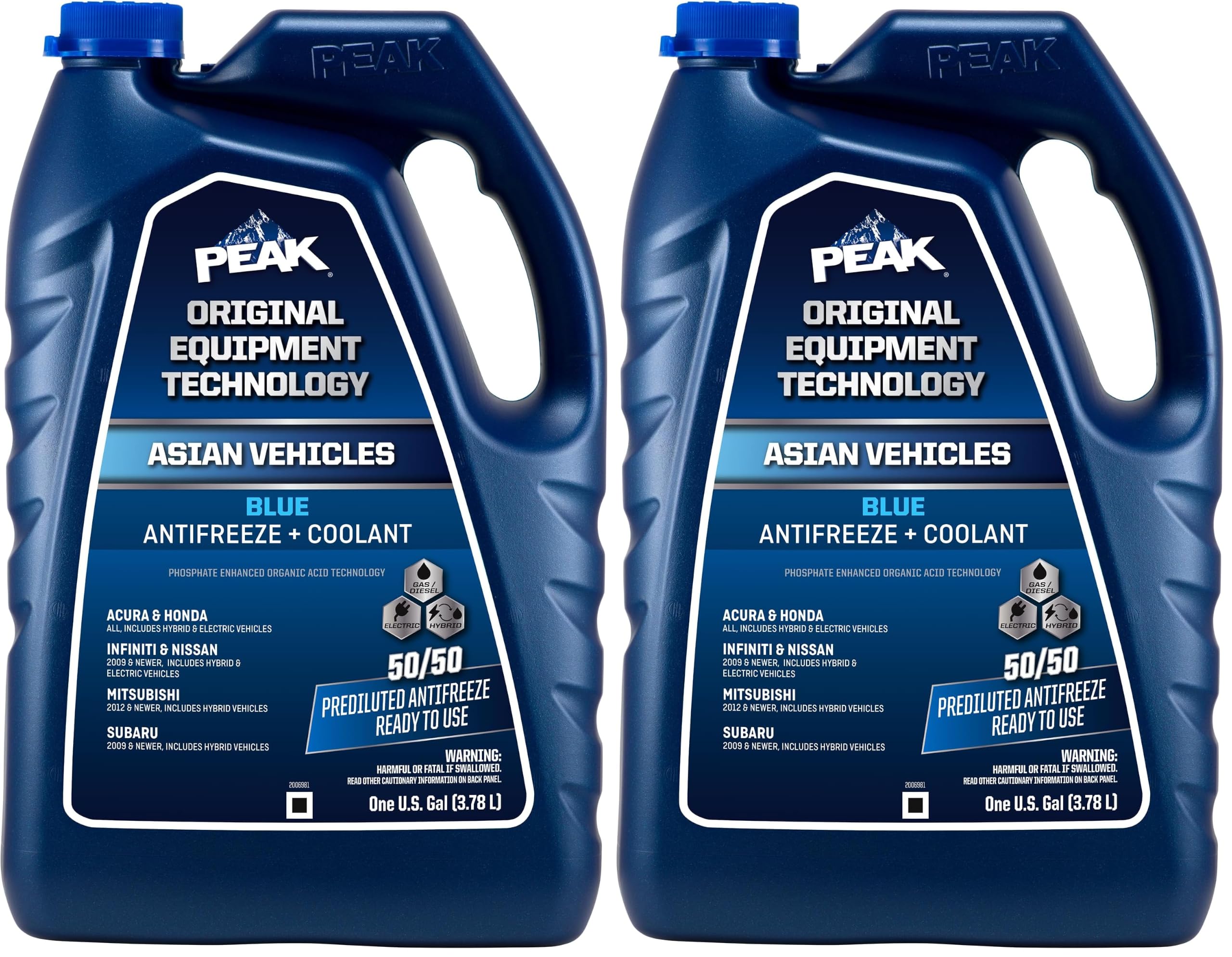 PEAK OET Extended Life Blue 50/50 Prediluted Antifreeze/Coolant for Asian Vehicles, 1 Gal. (Pack of 2)