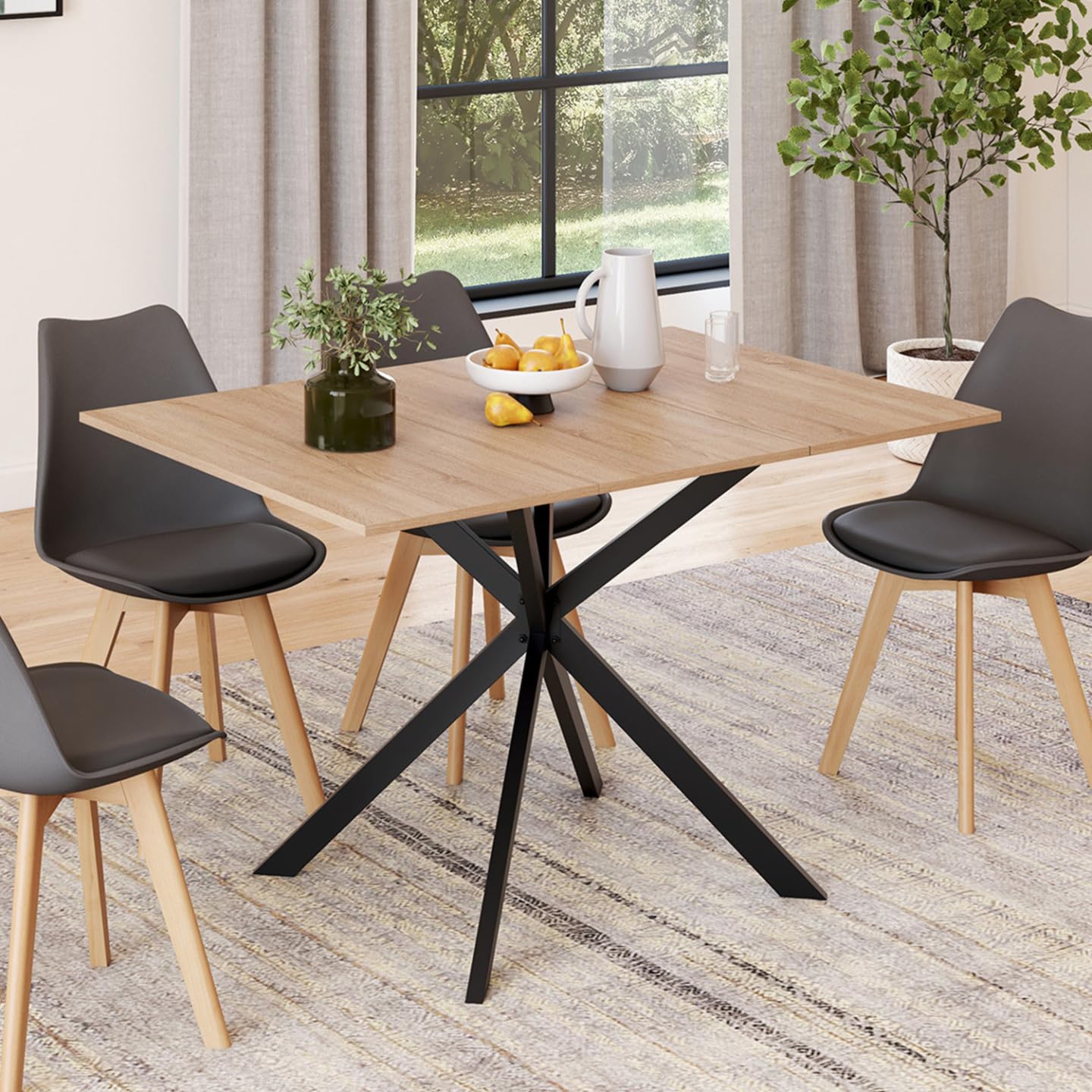 IDMarket - ALIX Tavolo da pranzo quadrato allungabile per 4-6 persone con gamba in legno e ragno nero 80-120 cm