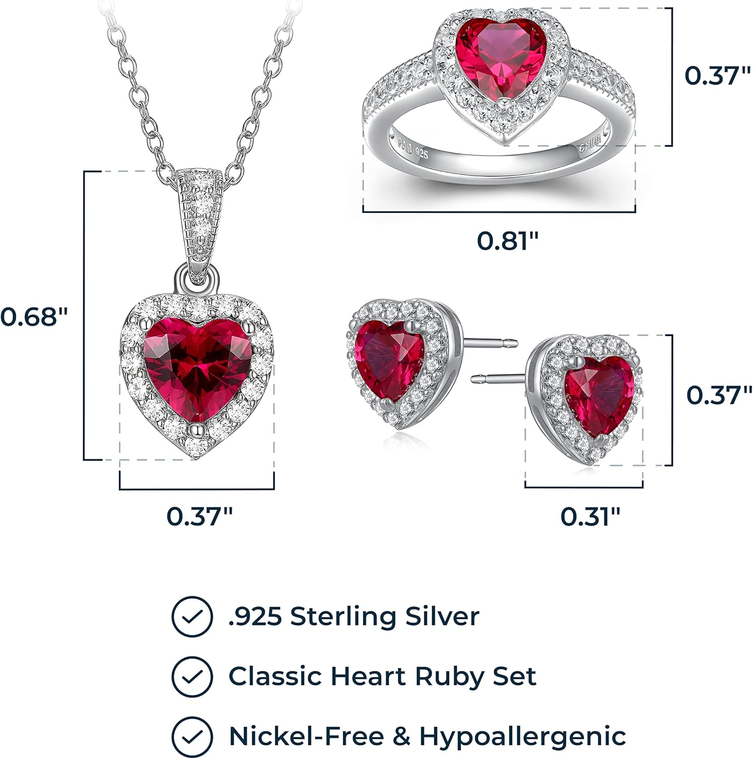 MORGAN & PAIGE .925 Sterling Silver Gemstones and White Sapphire Halo Heart Pendant Necklace, Ring and Stud Earrings for Women Set - Birthstone Jewelry Sets for Women, 18in Cable Chain, Size 7 Ring - Image 5