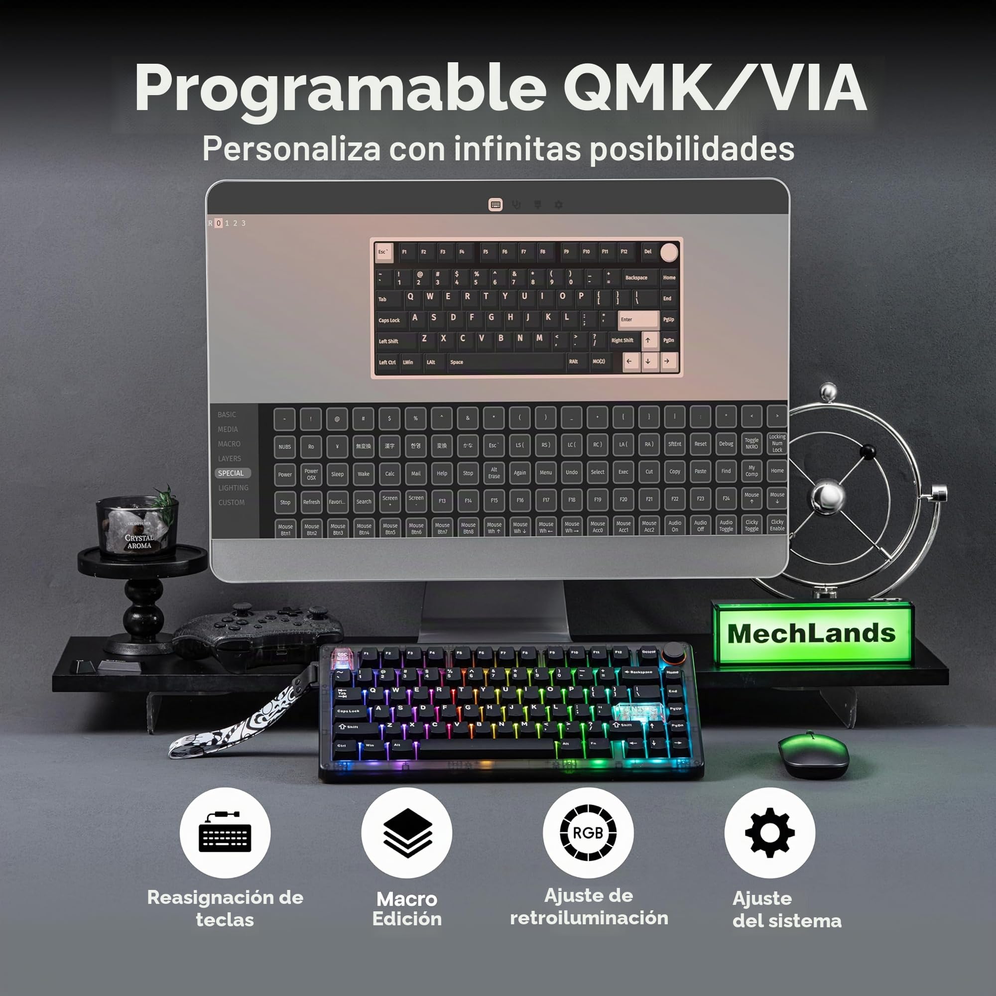 MechLands CIDOO QK75 VIA Teclado programable 75% compacto, USB-C/BT5.0/2.4Ghz inalámbrico, teclado mecánico personalizado intercambiable en caliente con junta montada, placa de PC, batería de 4000 mAh