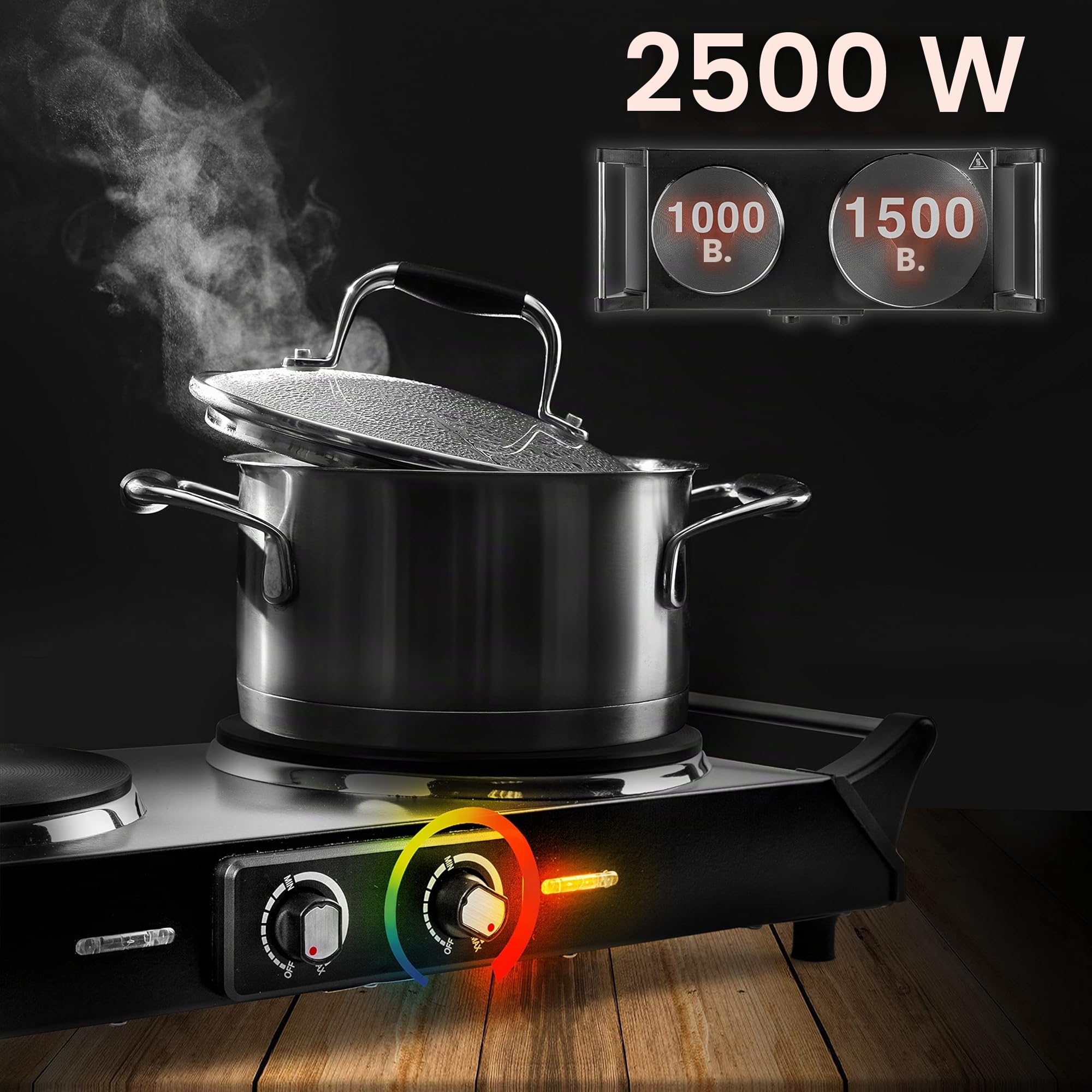 Duronic HP2 BK Herdplatte, Campingkocher mit 2 Kochfelder, Elektro Kochplatte für Camping, Büro, oder Küche, Doppelkochplatte mit stufenloser Temperatureinstellung, Doppel Kochplatte 2400 Watt