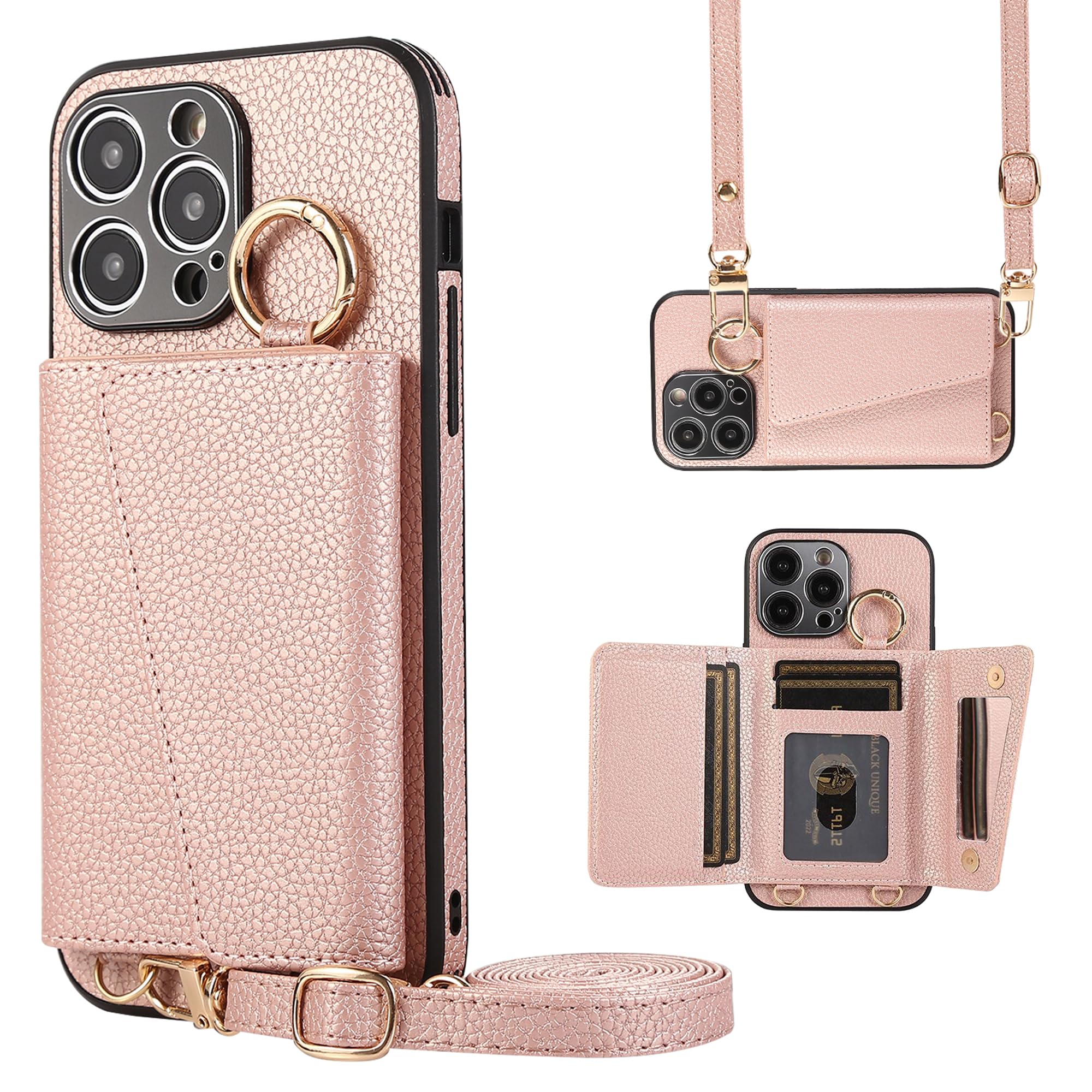 TENSIK iPhone13Pro 用の ケース 手帳型 肩掛け アイフォン13Pro 用の ショルダー スマホケース iPhone13プロ 用の カバー PUレザー 首掛け 斜めかけ マグネット式 ICカード収納 鏡付き 写真入りポケット 調節可能な 携帯ケース ピンク