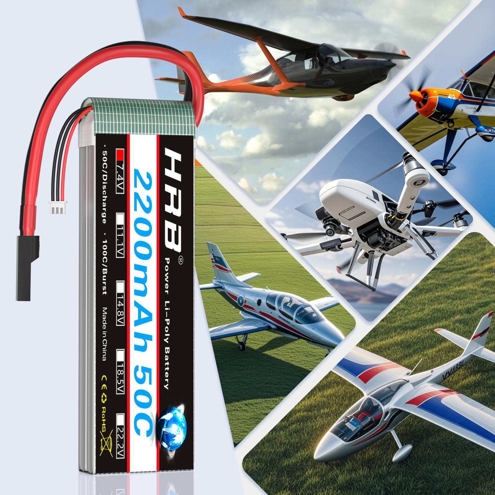 Batería Lipo De 7.4 V 2200 MAh, 2S 7.4 V 2200 MAh 8C Lipo Batería Ligera Sobrecarga De Cortocircuito Para T6J T8FG 12FG Control Remoto