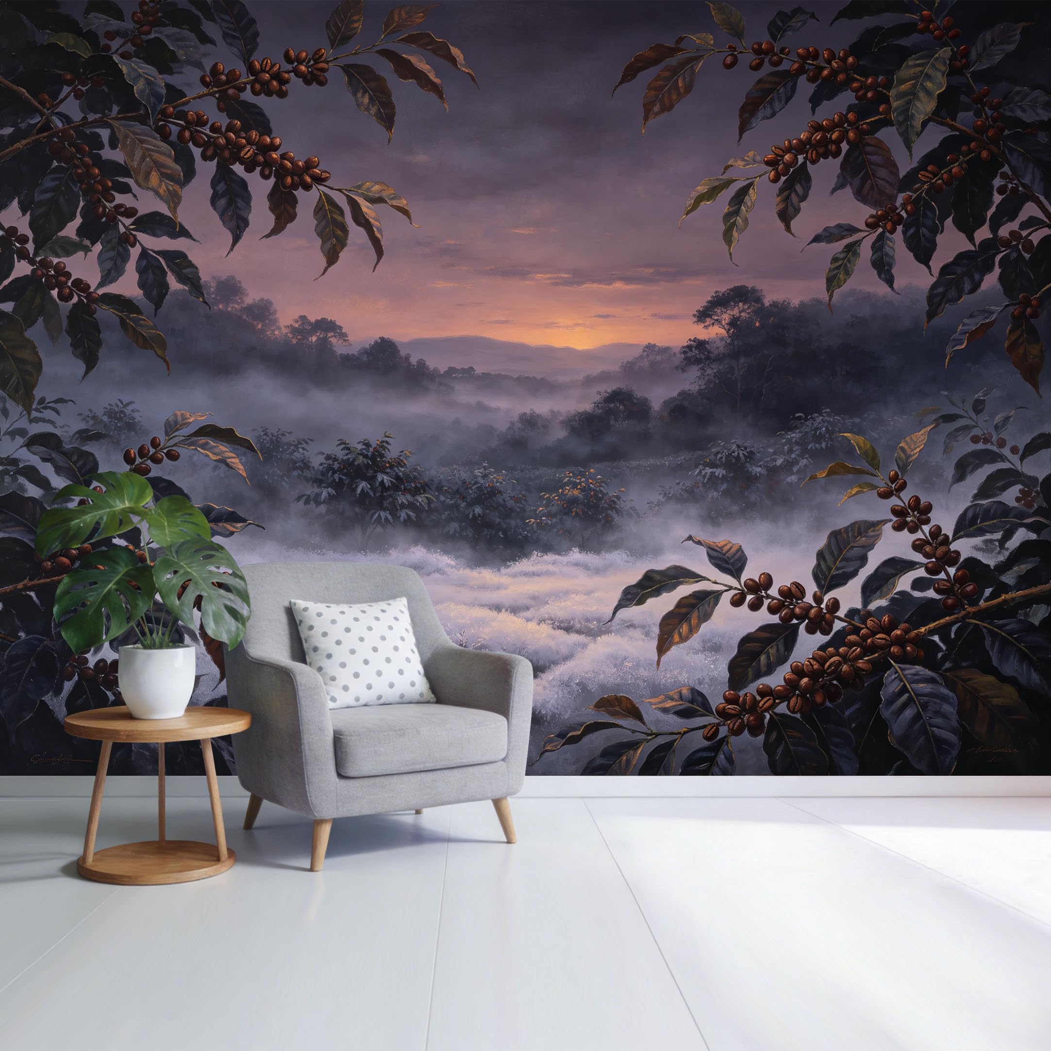 Custom Size Wall Mural Misty Mountain Sunrise Coffee Plant Botanical Landscape Oil Painting Style SelfAdhesive Wall Fabric Removable Wallpaper for Home Office Decor