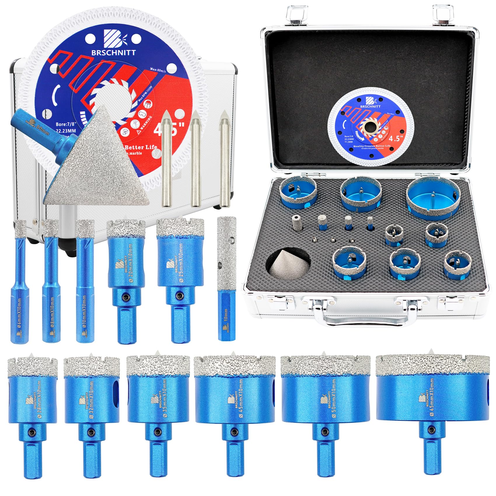 BRSCHNITT Diamond Tile Hole Saw Kit with Pilot Bit - (6-65mm) Dry Diamond Core Drill Bit Triangle Shank&Tile Blade for Porcelain Tile Ceramic Stone Granite Marble