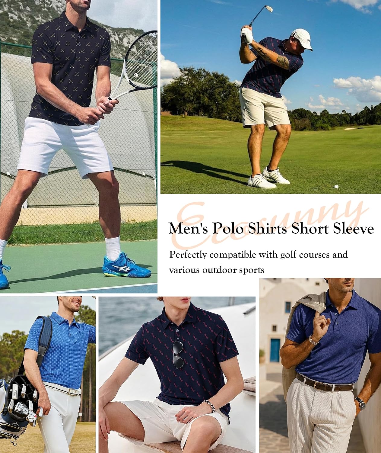 Mens Golf Polo Shirts Dry Fit Performance Moisture Wicking Print Short Sleeve Casual Collared Summer Athletic Shirt