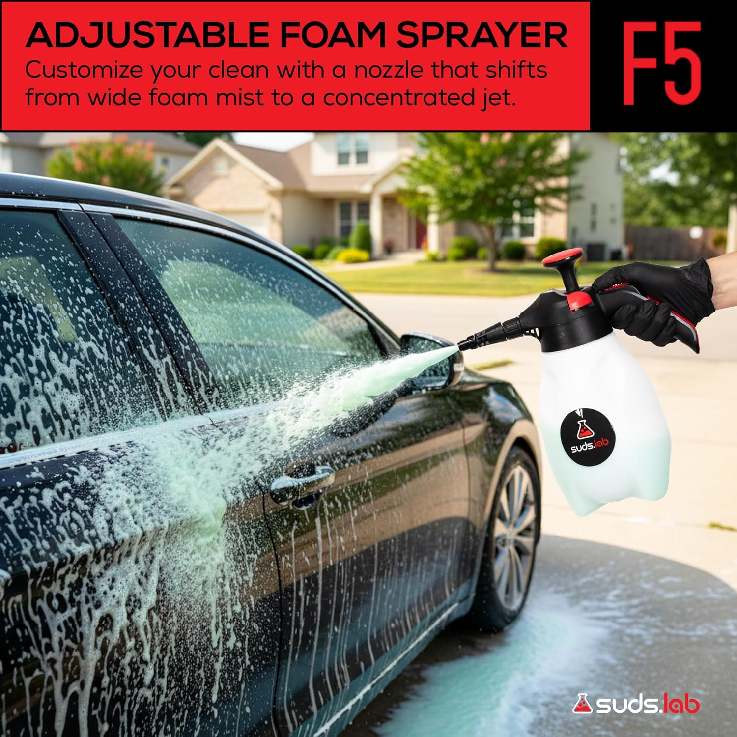 Suds Lab F5 Foam Master - Triple-Action Pump Foam Sprayer with 3 Nozzles, Cordless Hand Pump Bottle for Car Wash & Versatile Use - 70 Oz. Portable Detailing Atomizer