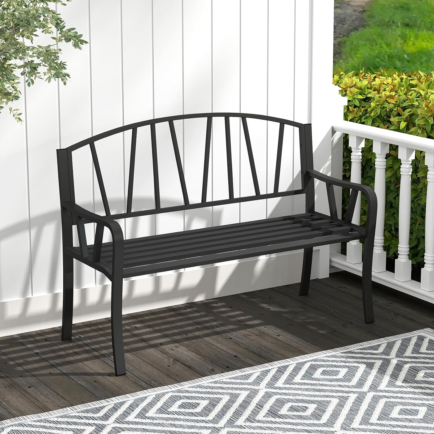 Giantex Garden Bench for Outside 51 Inch, Outdoor Bench with Metal Frame, Patio Metal Bench with Backrest, Armrests and Slatted Seat for Park, Porch, Backyard, 660 lbs Max Load, Black