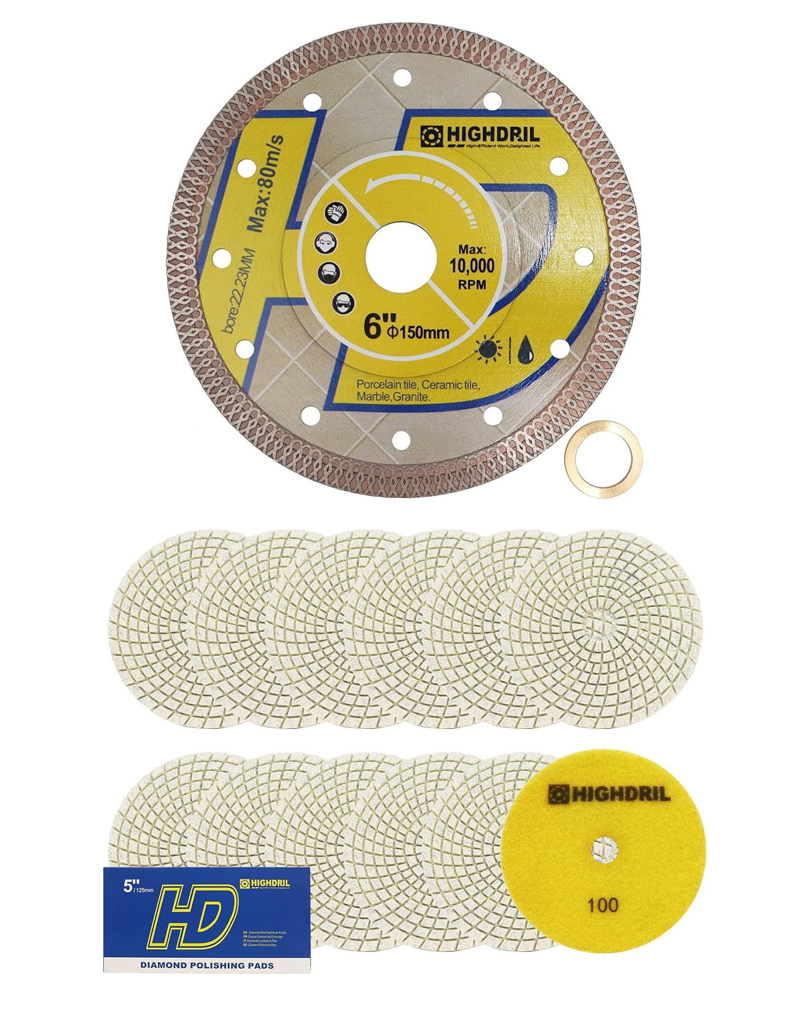 Hoja de diamante super fina, HIGHDRIL 150 mm y HIGHDRIL Almohadillas Pulido Diamante Húmedas