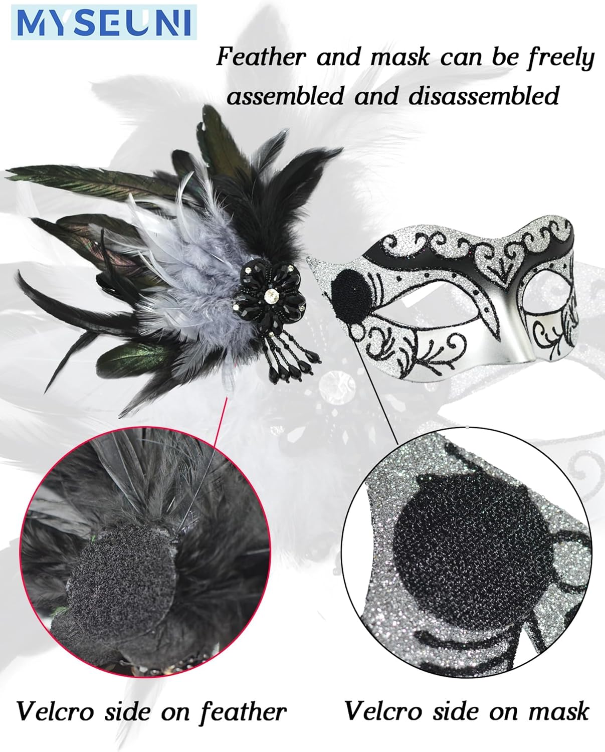 2025 New Silver Women Masquerade Mask with Feathers - Womens Mascarade Venetian Mask for Masquerade Party, Mardi Gras, Halloween Cosplay Prom, Christmas - Image 4