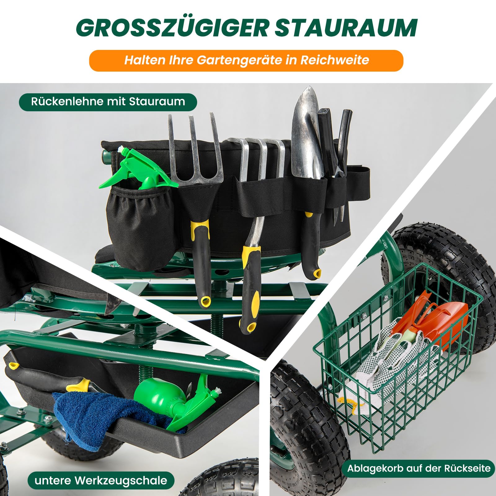 COSTWAY Rollsitz mit Rollen, 360 ° drehbar | höhenverstellbar, mobiler Gartensitz mit Lenkgriff & Korb & Ablage & Sitzkissen, Gartenhocker bis 150 kg, Gartenrollsitz Metall für Gartenarbeit, Grün