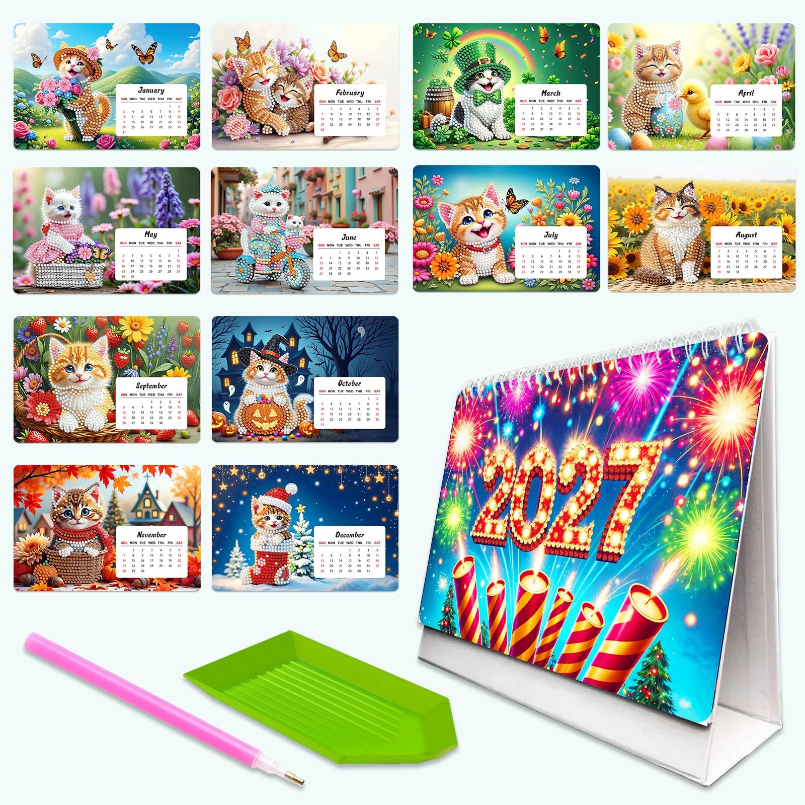 Lebartm 2027 DIY Diamond Art Desk Calendar Creative Design Thick Paper Calendar Ornaments Diamond Art Painting Monthly Flip Tabletop Calendar for Office Home Planning-Cat — image 1