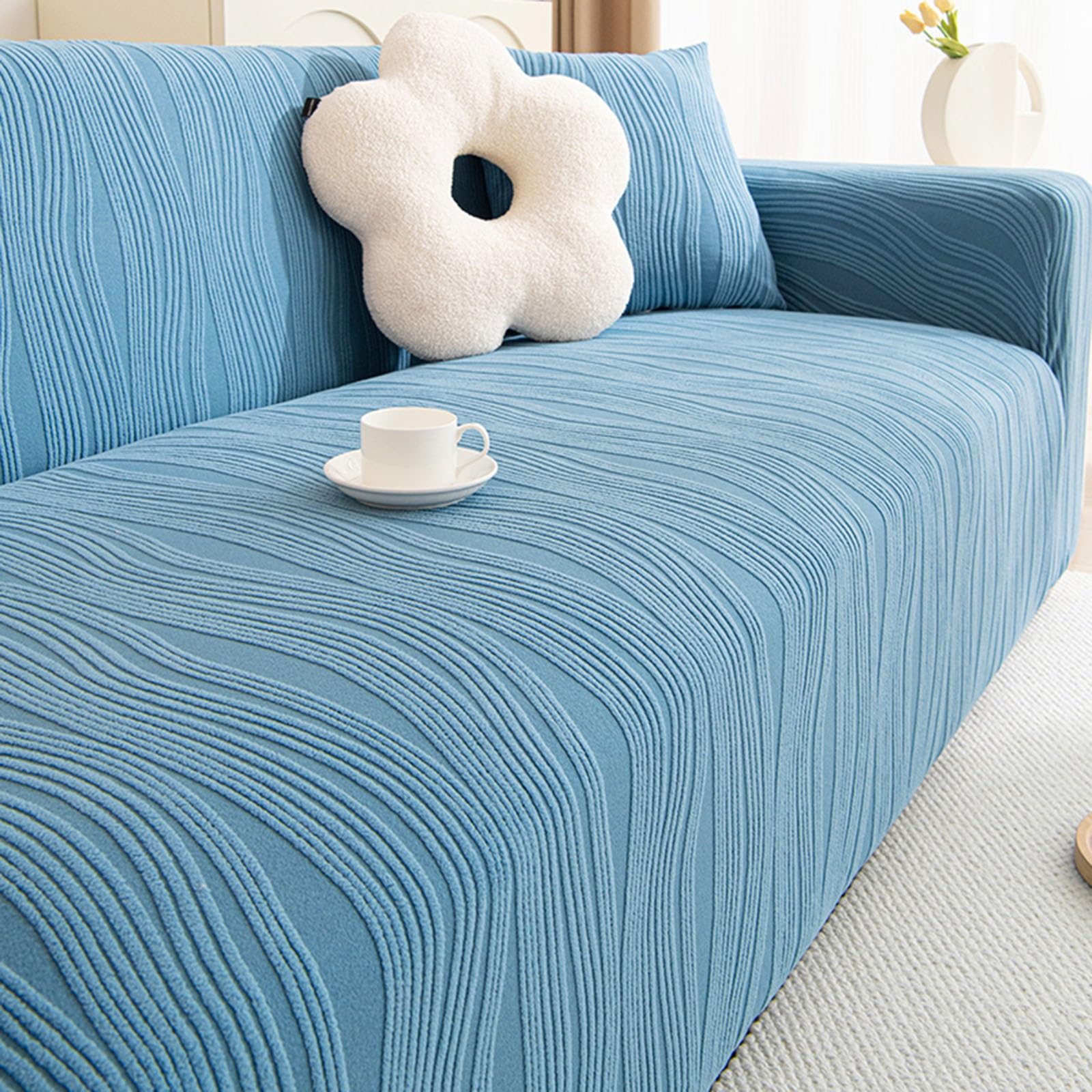 Chenille Stripe Stretch Sofa Slipcover, Sofa Cover Stretch Couch Cover, 1 Piece Non-Slip Weave Textured Warm Soft Sofa Cushion Couch Cover Furniture Protector For 3 Cushion Couch ( Color : Blue , Size