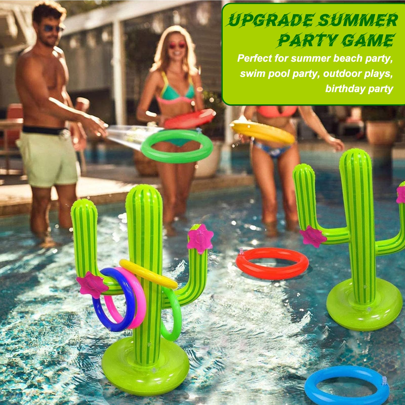 1 Jouet Gonflable pour Cactus, Cactus Gonflable Jeu de Lancer D'anneau, Jeu de Lancer d'Anneaux, 8 Pinces, Jeux Piscine Exterieur Hawaii Party