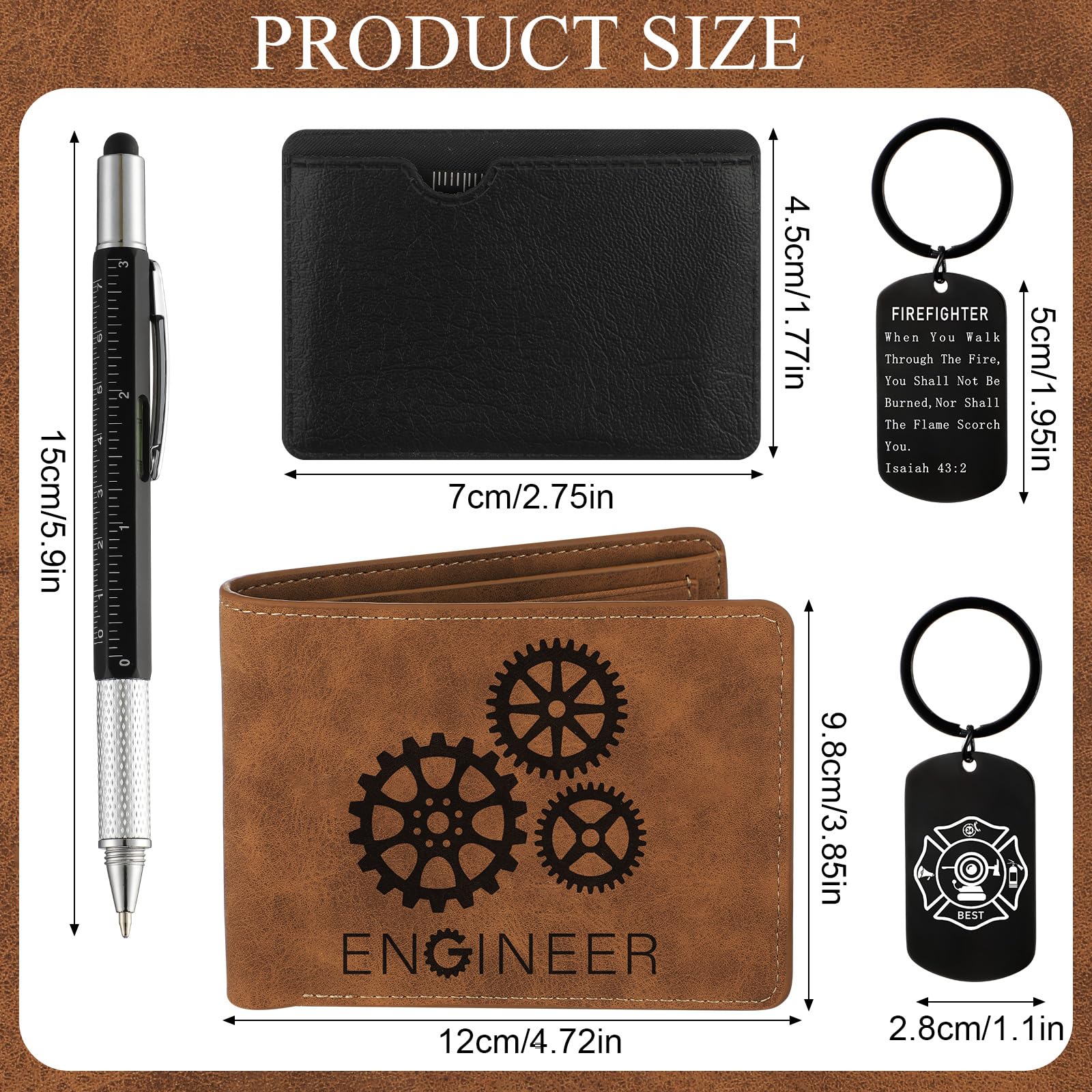 4 Pcs Engineer Gifts Set for Men with Retro Brown Wallet 6 in 1 Multi Tool Pen Retro Keychain 11-in-1 Credit Card Multitool Engineer Gift Box for Men Birthday Party Favors