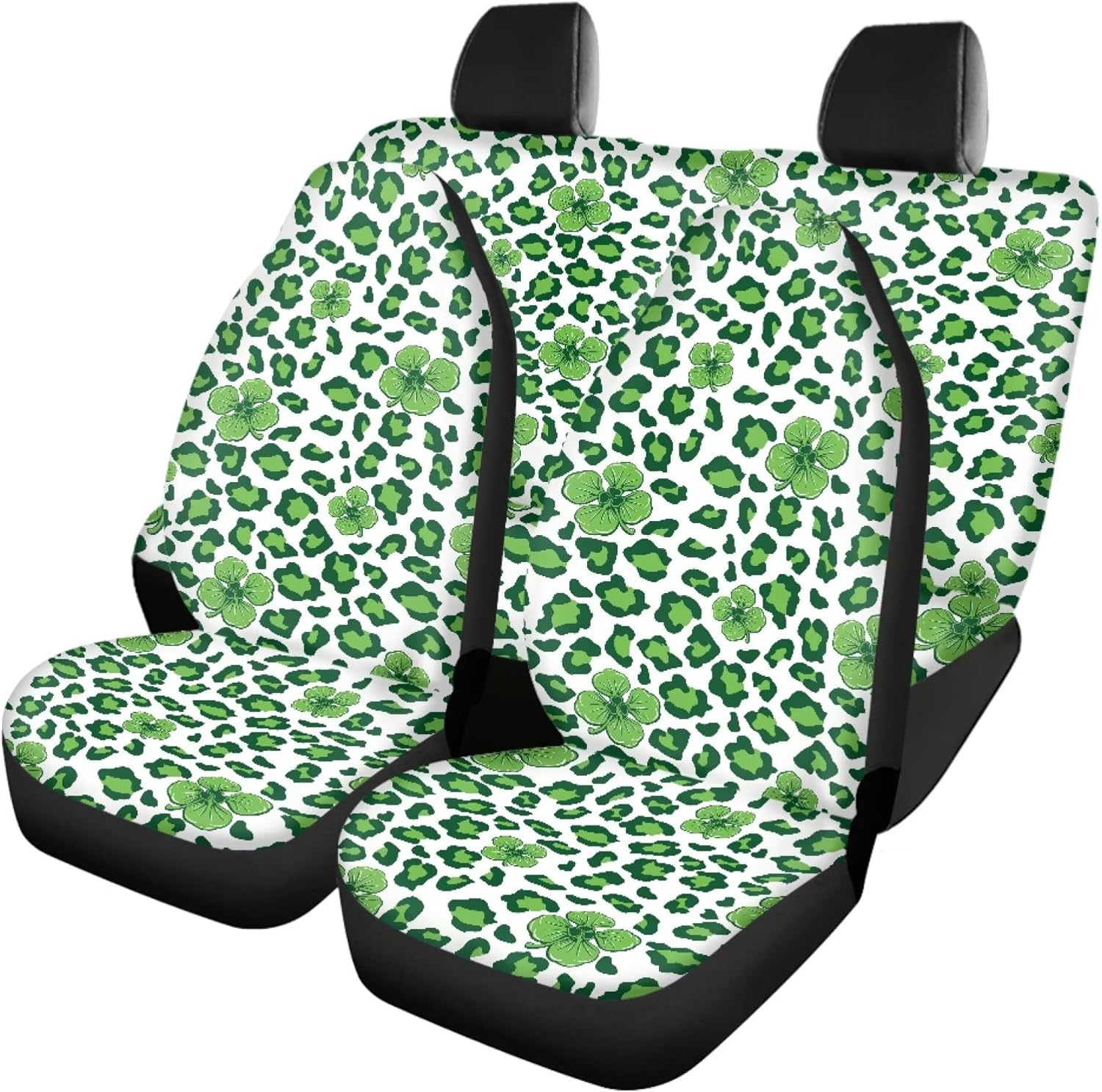 Clover Green Leopard Car Seat Covers Full Set Universal Auto Low Back Front Washable Seat Covers Split Bench Rear Seat Protector