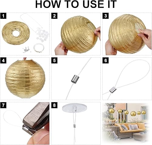 Miniatura 3 de Juego de 18 linternas redondas de papel chino, 46812 pulgadas, lámparas de papel redondas para colgar en bodas, fiestas de compromiso (oro, beige,