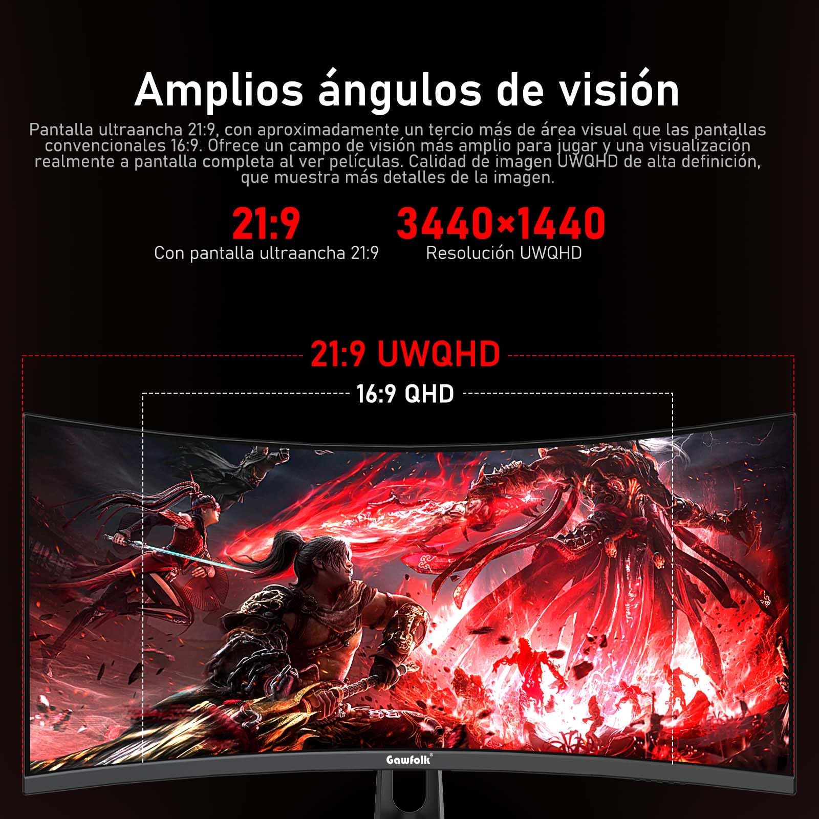 Gawfolk Monitor para Juegos Curvo Ultrawide 34 Pulgadas (200Hz, UWQHD 3440x1440) - 1500R, 120% sRGB, Adaptive Sync, Altavoces Integrados, HDMI/Display Port, Compatible con Montaje en Pared, Negro