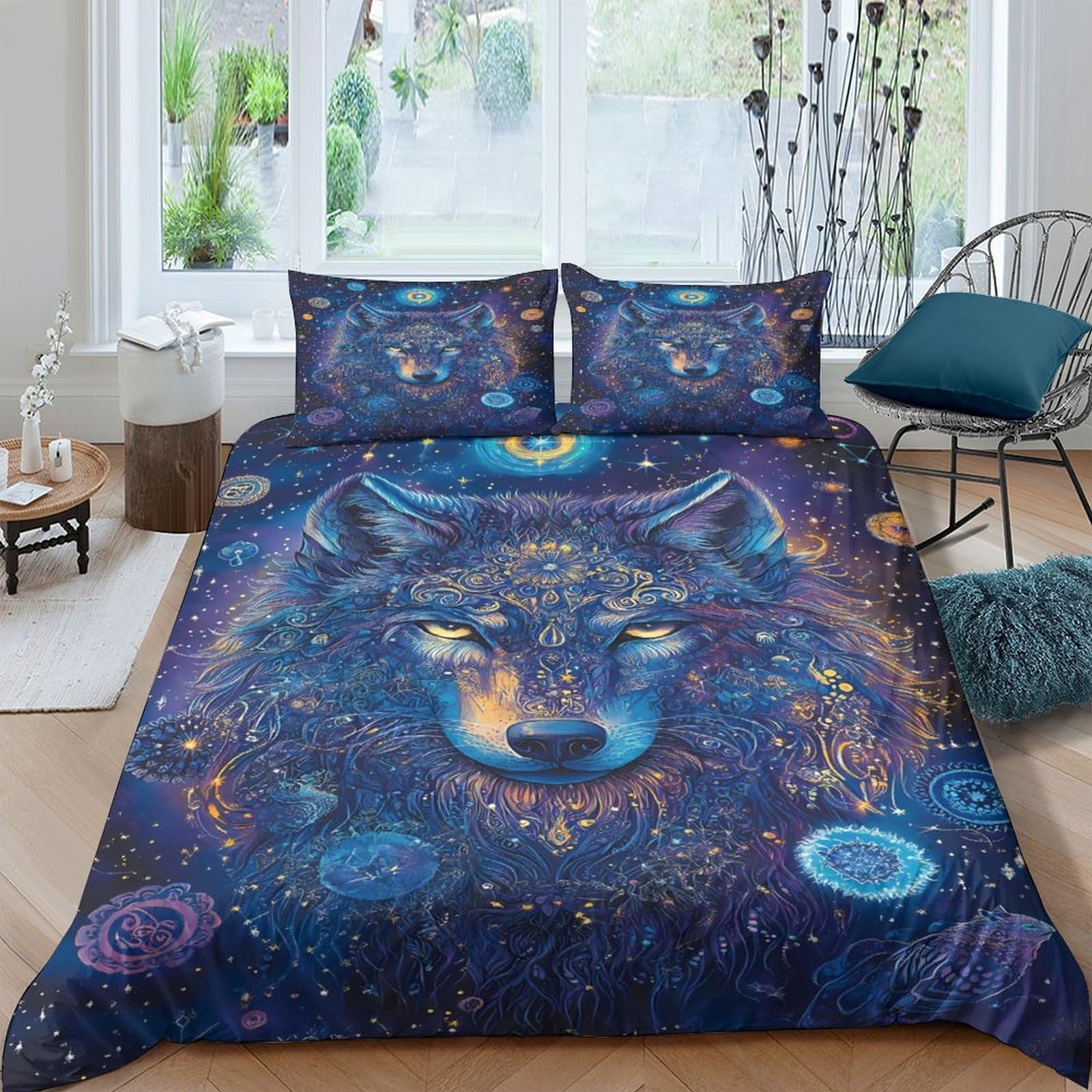 Ctjqhvkz Style-1 3D Printed Galaxy Wolf Fitted Sheet Microfiber Deep Blue Cosmic Nebula Mattress Cover For Bedroom Dorm Decor Single（135X200cm）